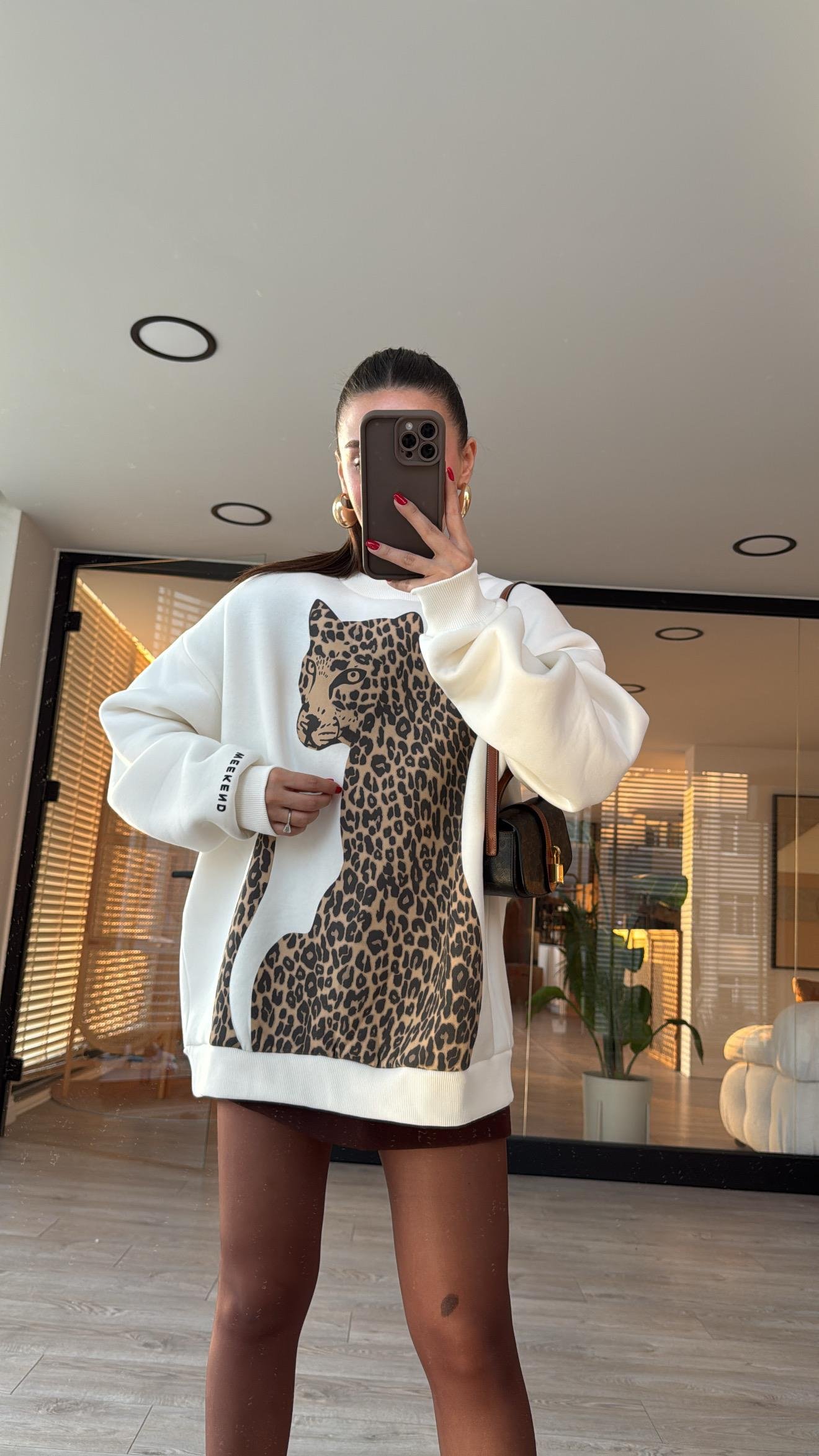 Ekru Kaplan Baskılı Şardonlu Sweat 