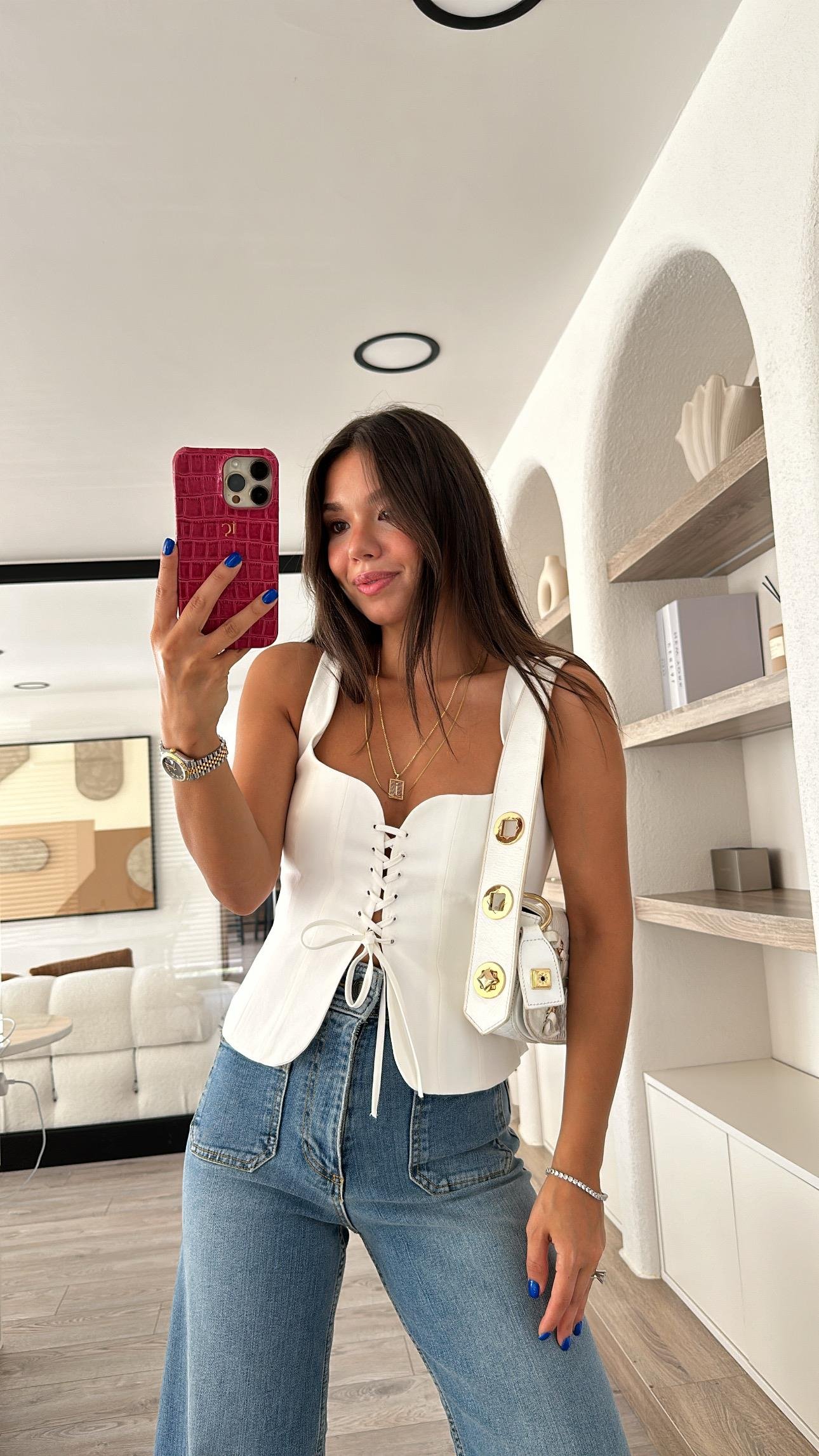 Ekru Kare Yaka Ön Bağlamalı Bluz 