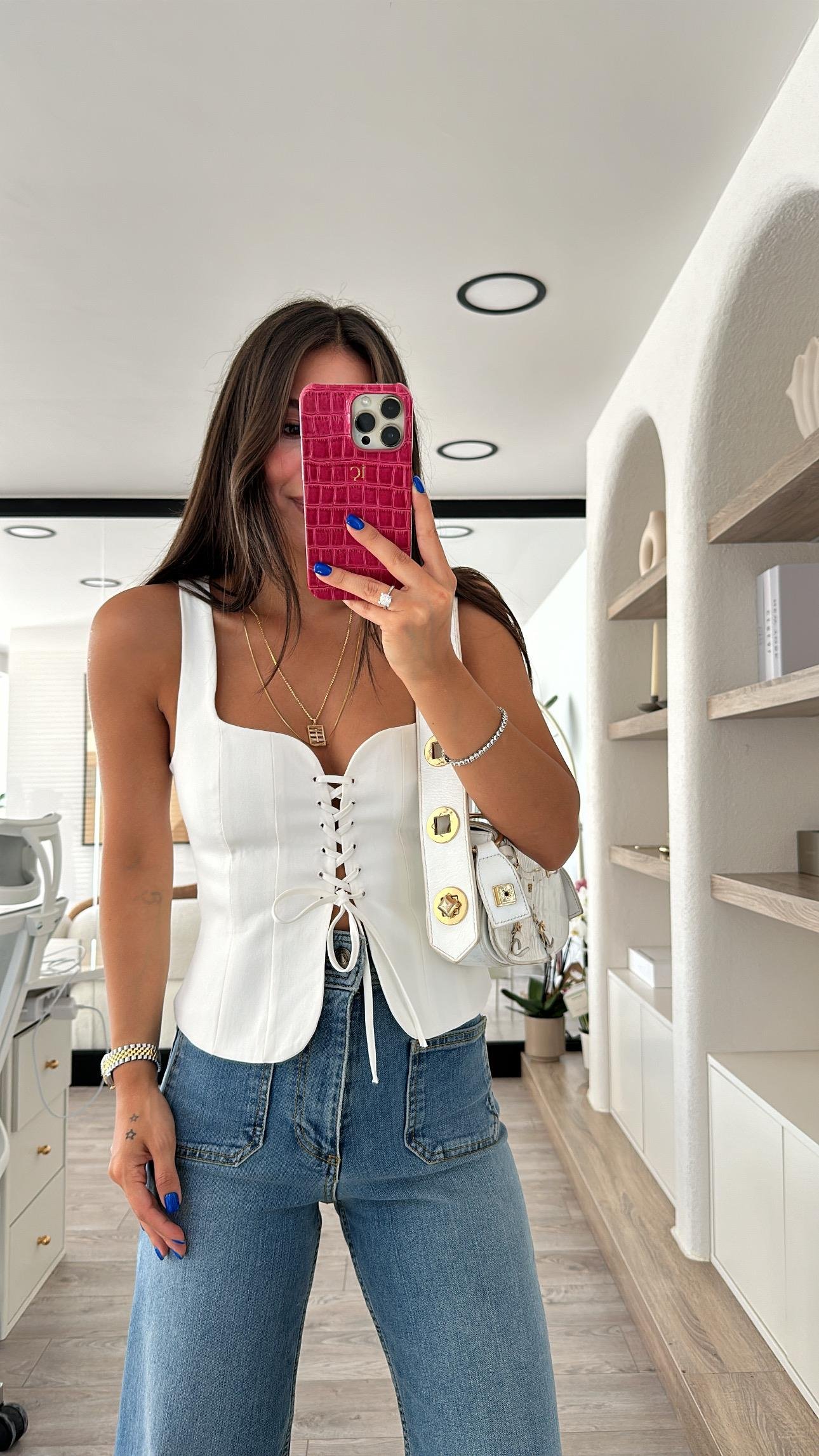 Ekru Kare Yaka Ön Bağlamalı Bluz 