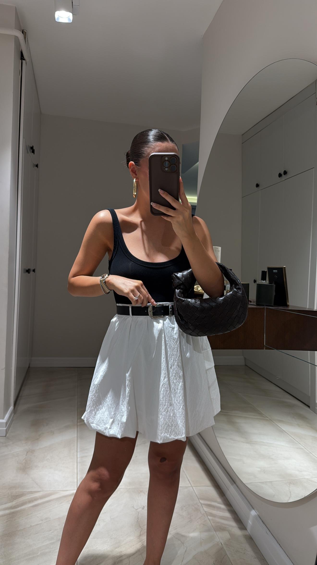 Ekru Kemer Aksesuarlı Balon Mini Etek