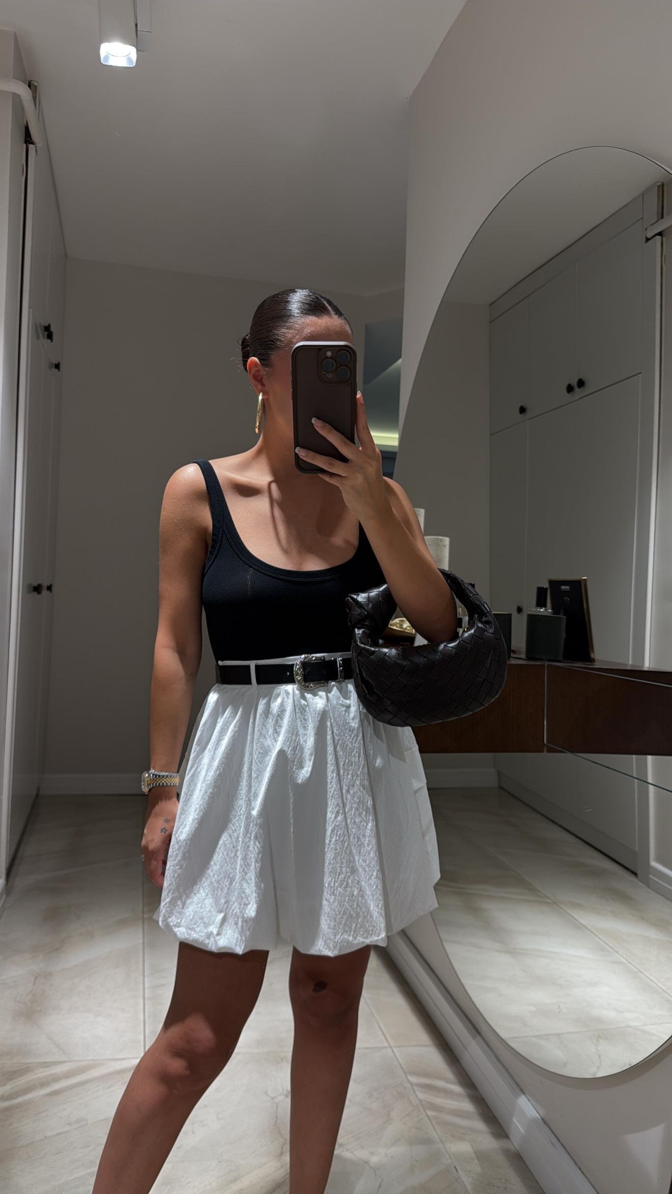 Ekru Kemer Aksesuarlı Balon Mini Etek