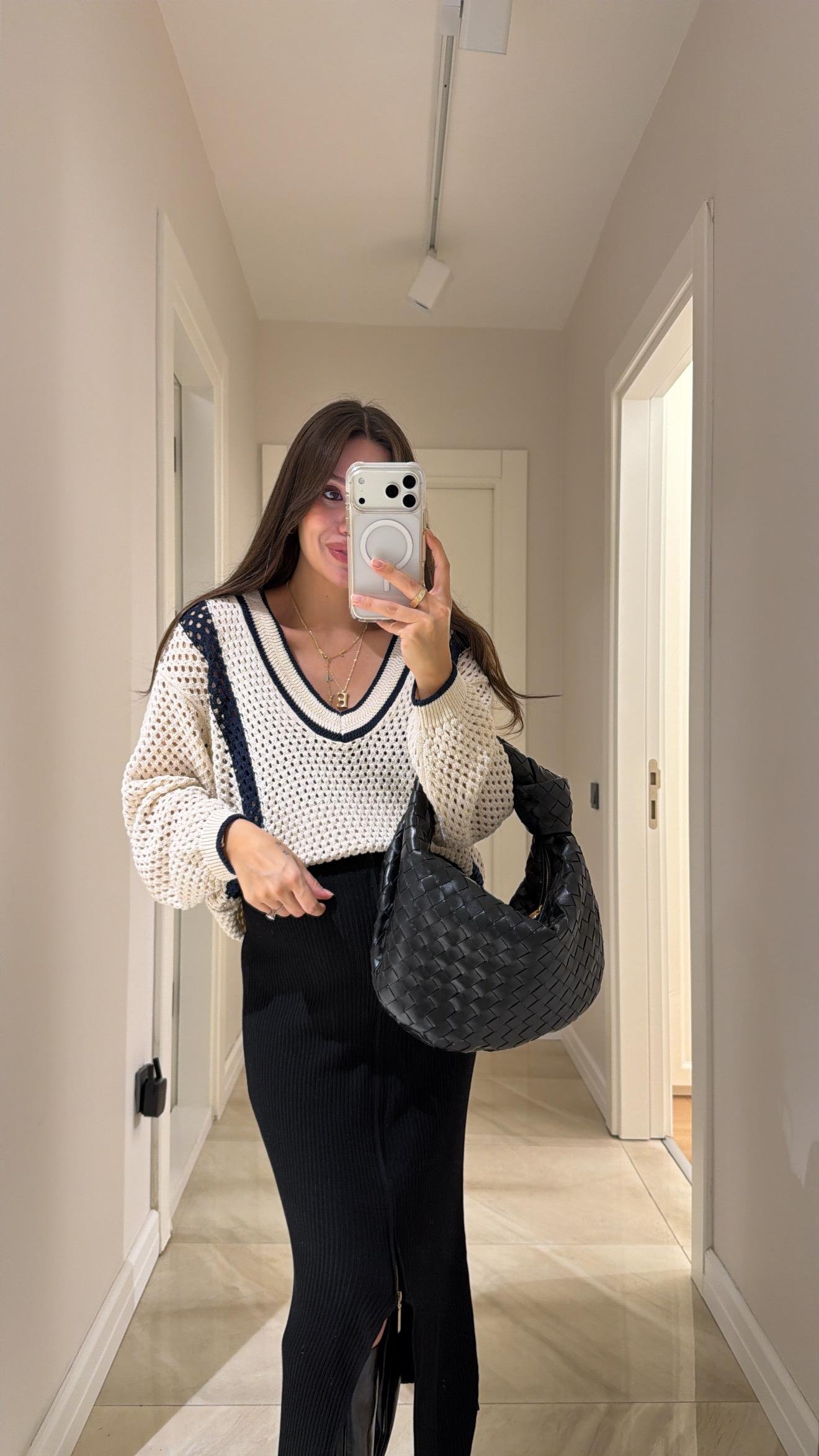 Ekru Lacivert Çizgili Ajurlu Marka Model Kazak