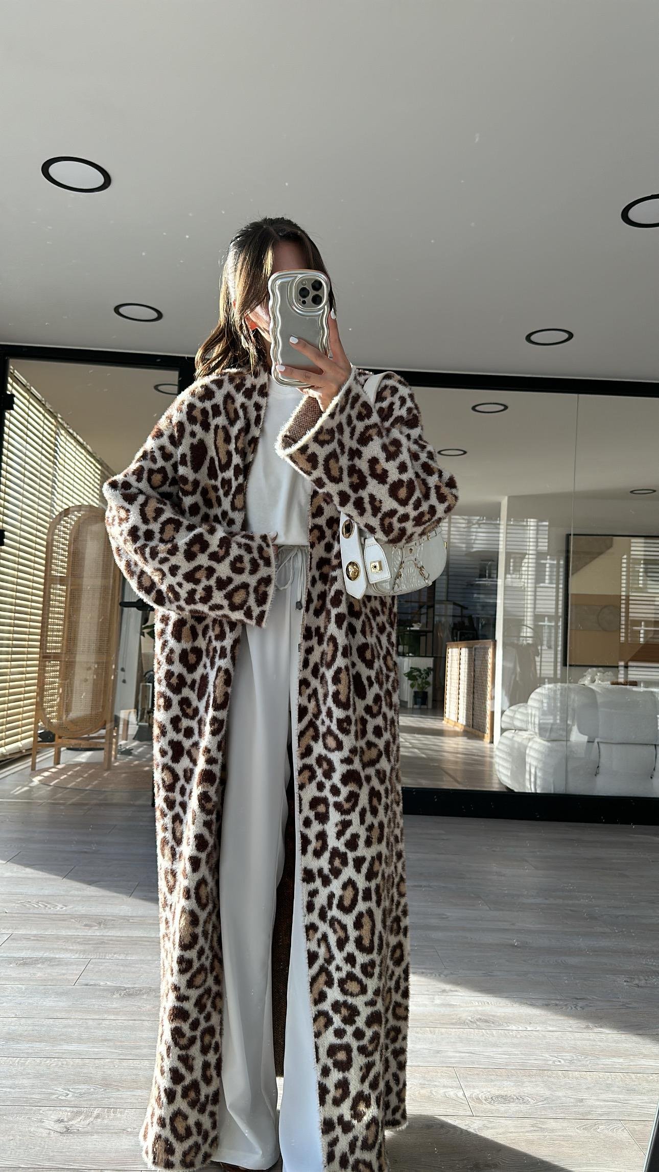 Taş Leopar Desen Yumoş Uzun Hırka 