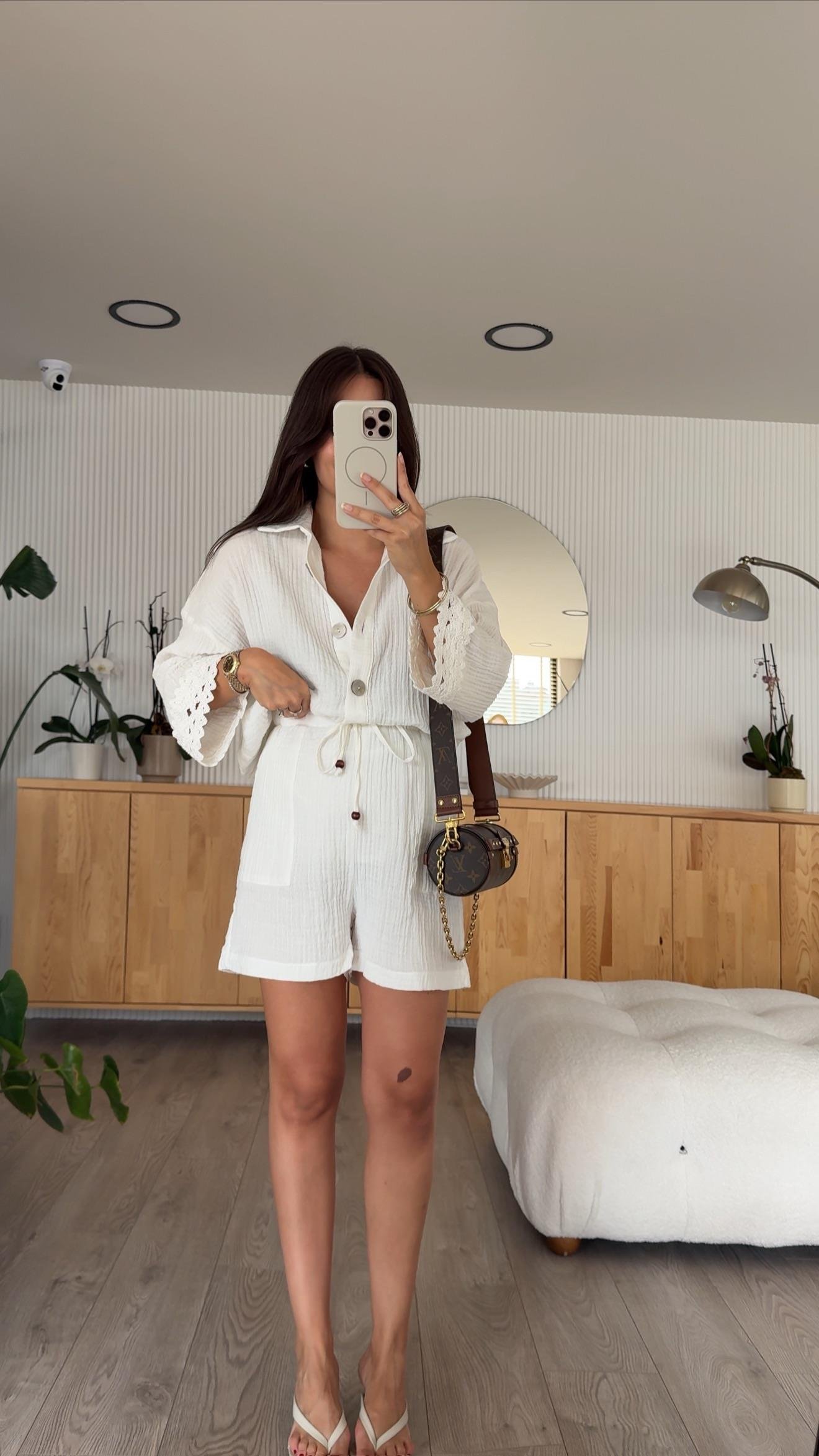 Ekru Müslin Kumaş Gömlek Şort Takım