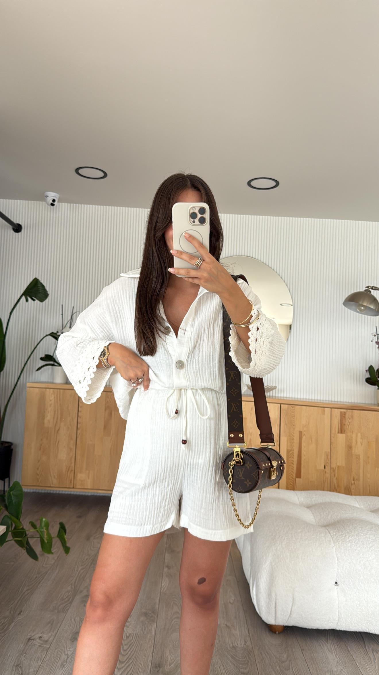 Ekru Müslin Kumaş Gömlek Şort Takım