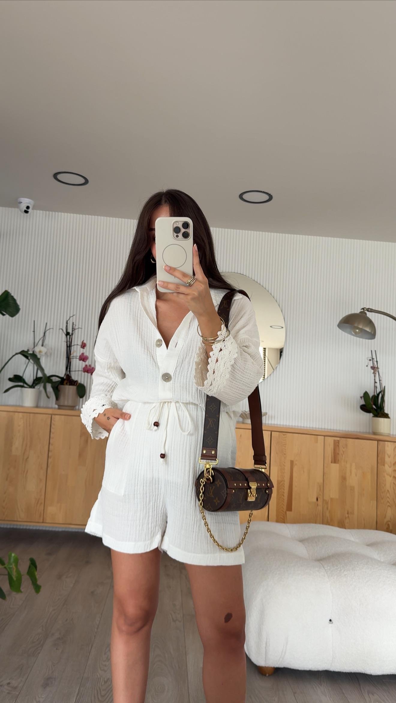 Ekru Müslin Kumaş Gömlek Şort Takım