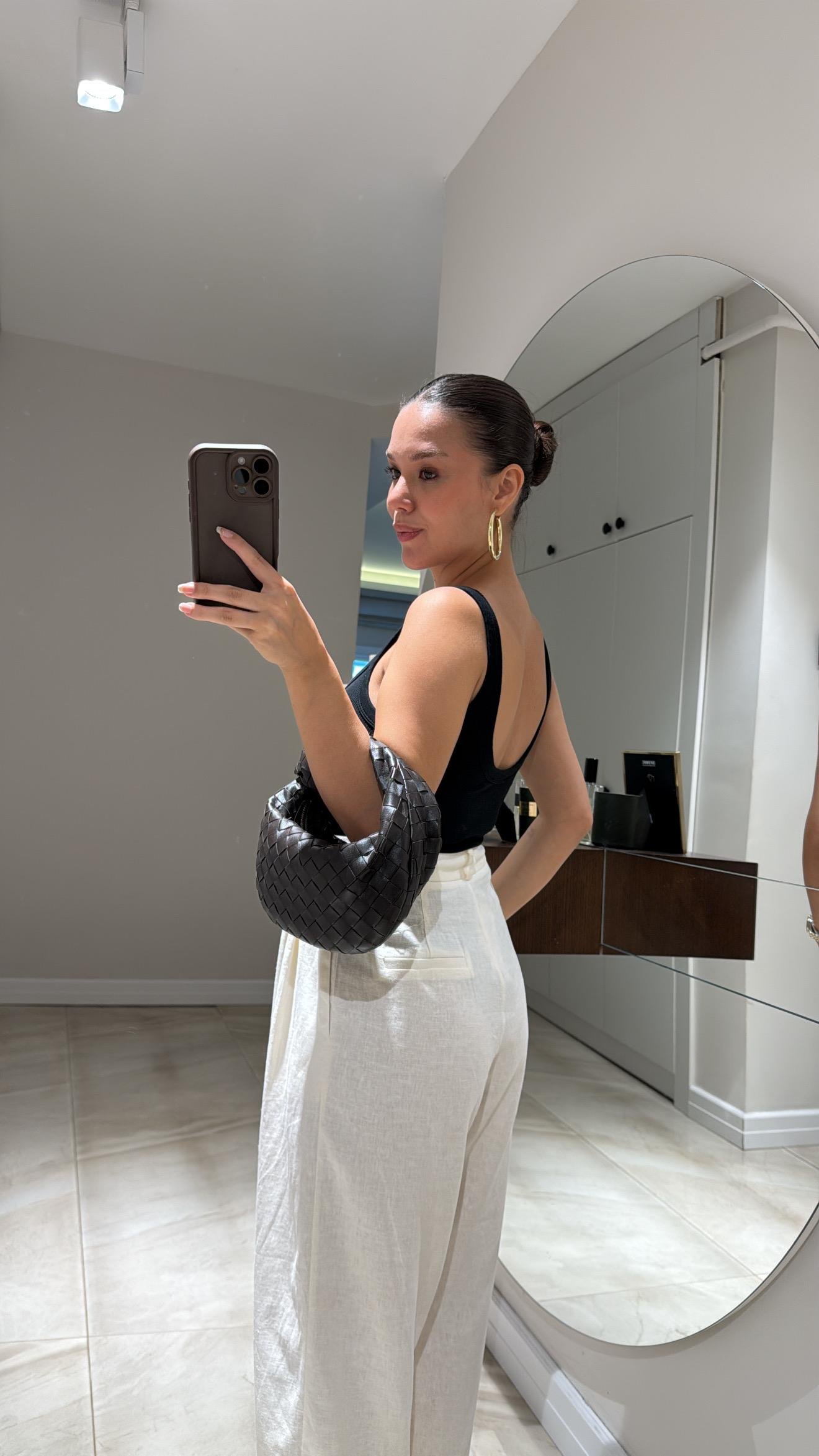 Ekru Paça Düğmeli Keten Şalvar Pantolon