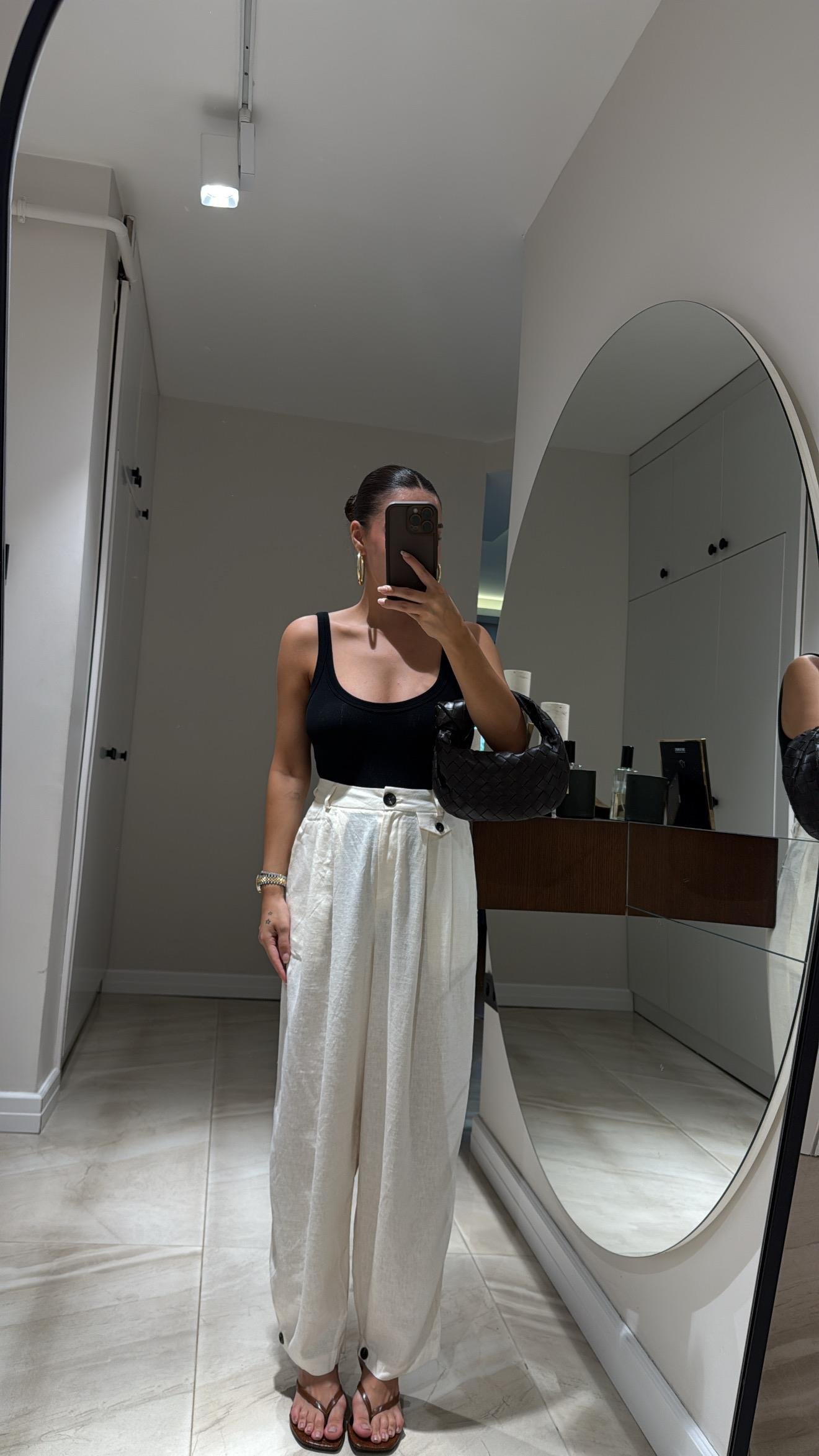 Ekru Paça Düğmeli Keten Şalvar Pantolon