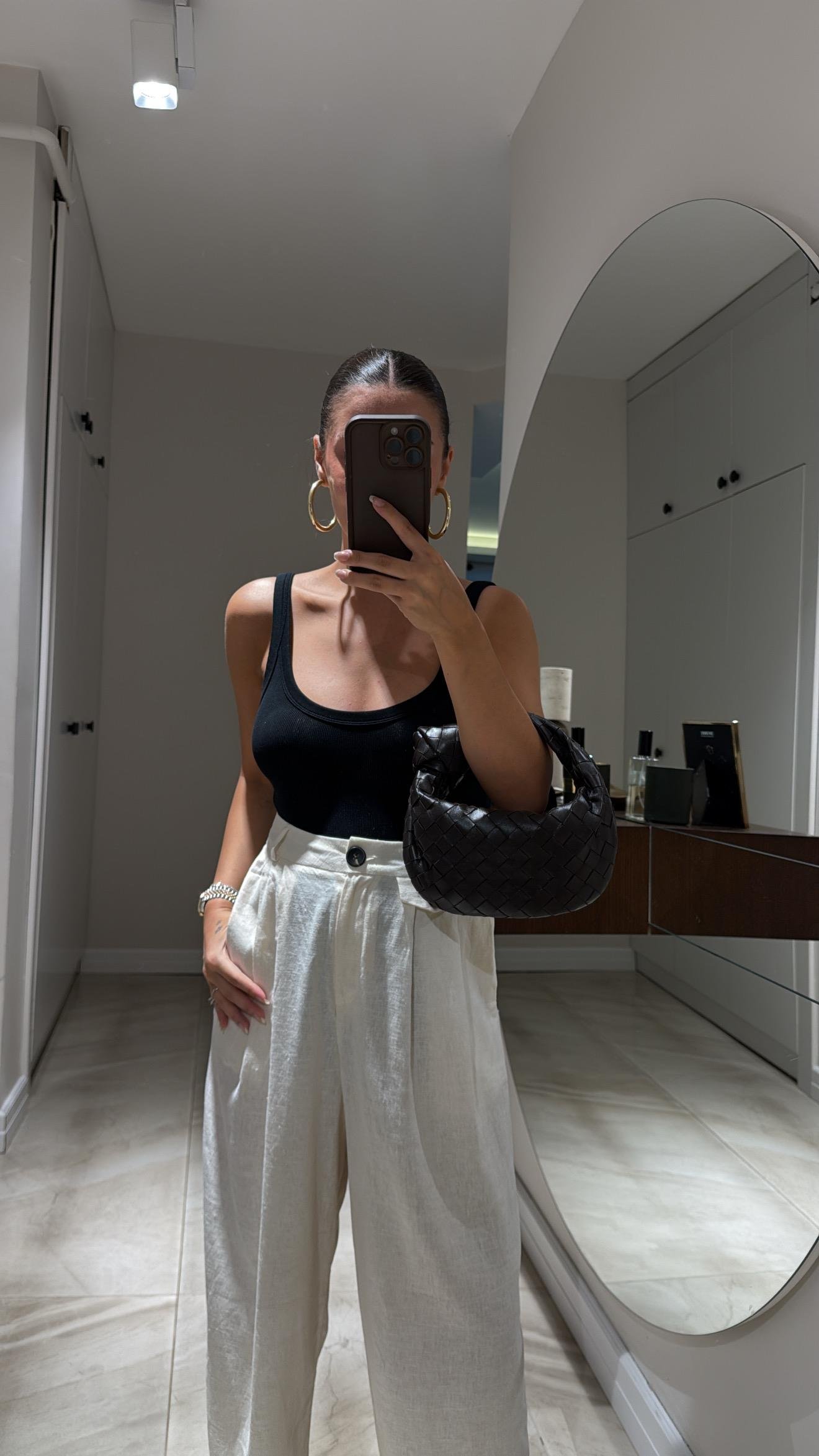 Ekru Paça Düğmeli Keten Şalvar Pantolon