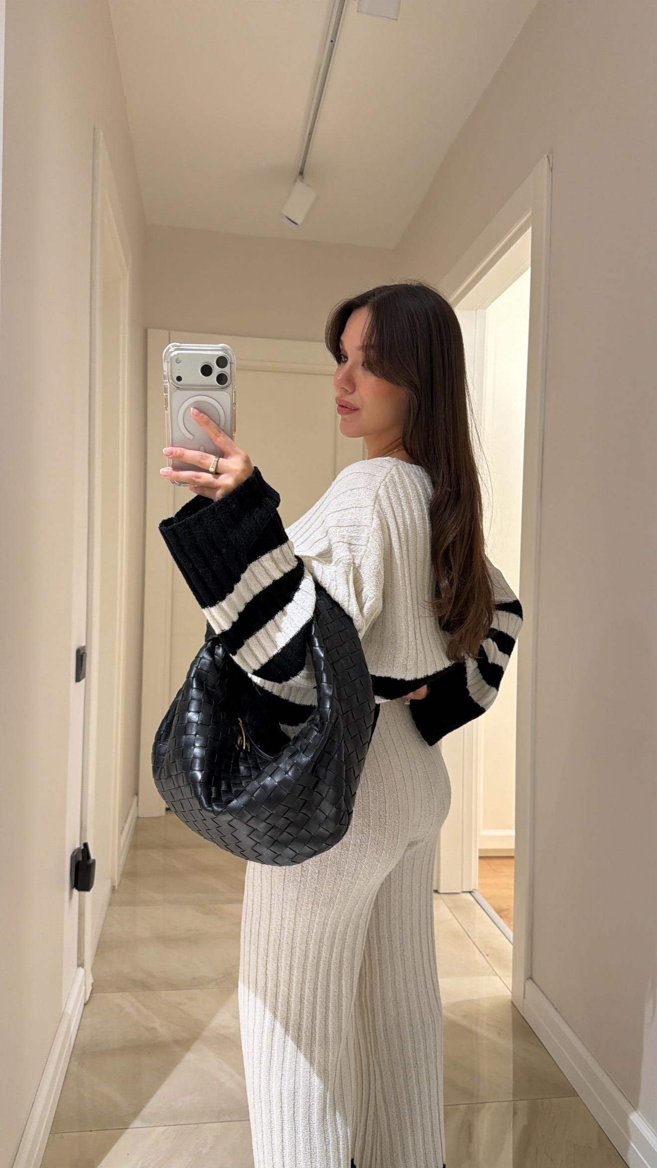 Ekru Siyah Kalın Fitilli Triko Pantolon