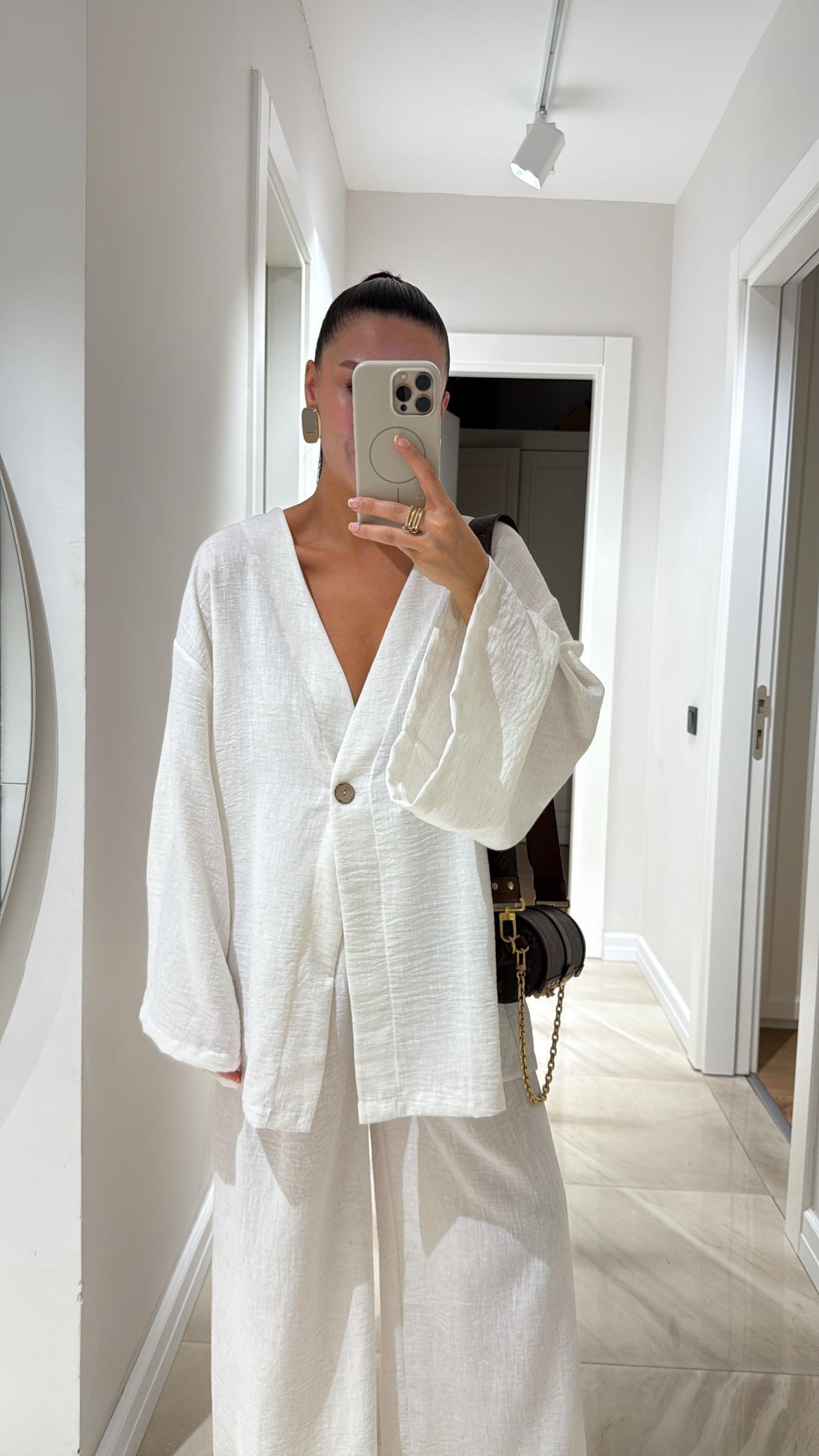 Ekru Tek Düğme Detaylı Bluz Pantolon Takım