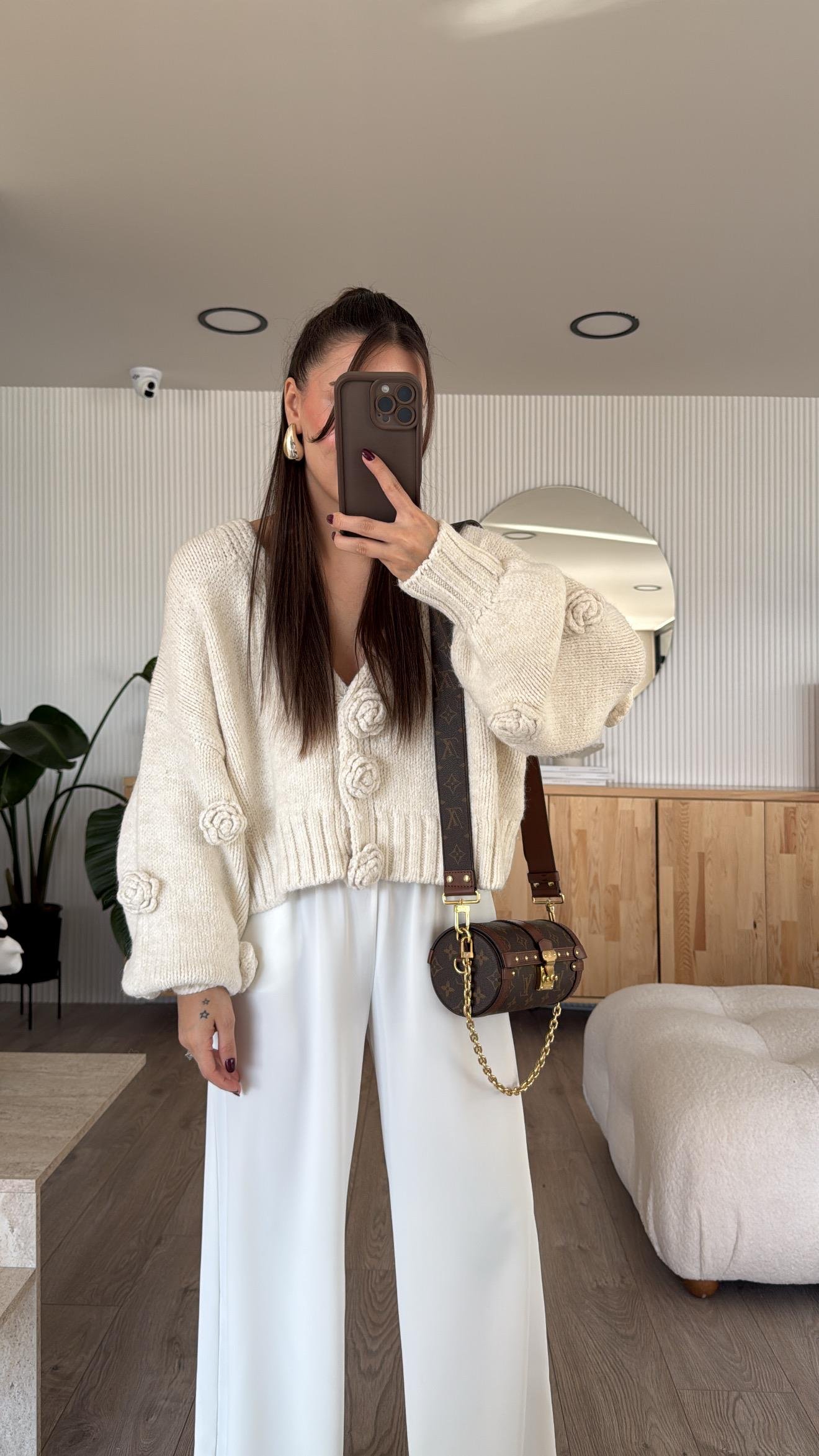 Ekru V Yaka Gül Nakışlı Balon Kol Dilvin Hırka 