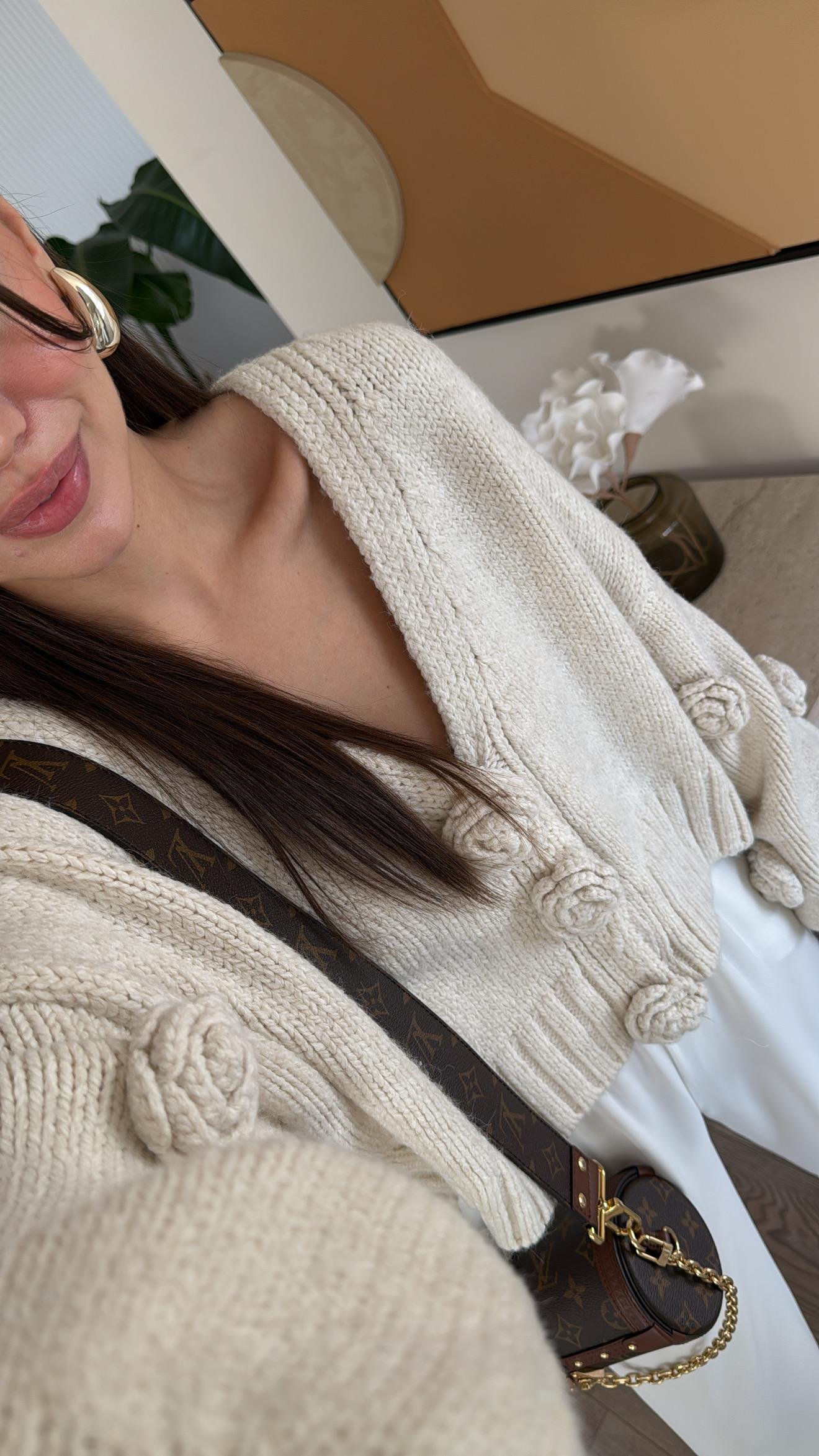 Ekru V Yaka Gül Nakışlı Balon Kol Dilvin Hırka 