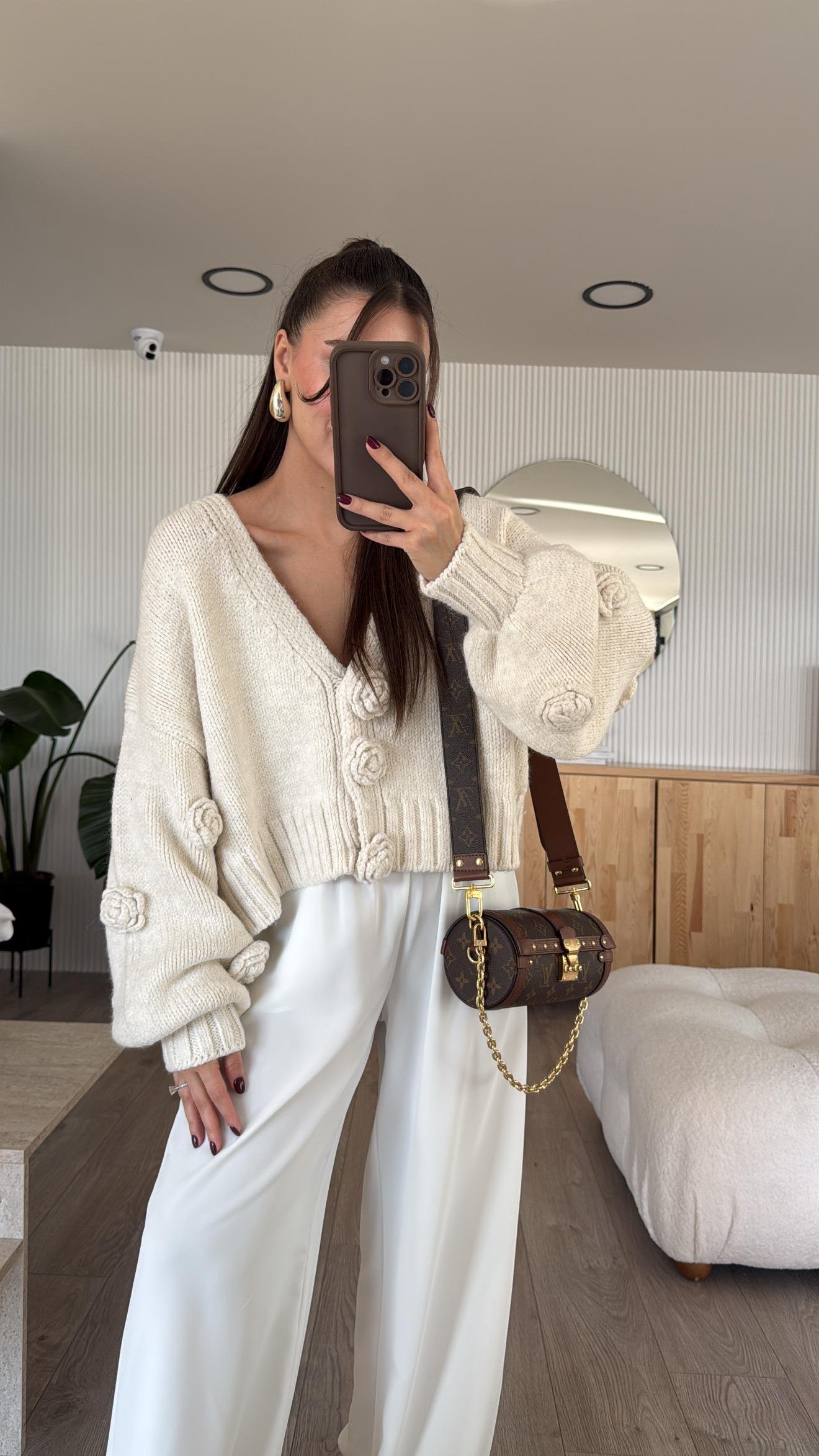 Ekru V Yaka Gül Nakışlı Balon Kol Dilvin Hırka 