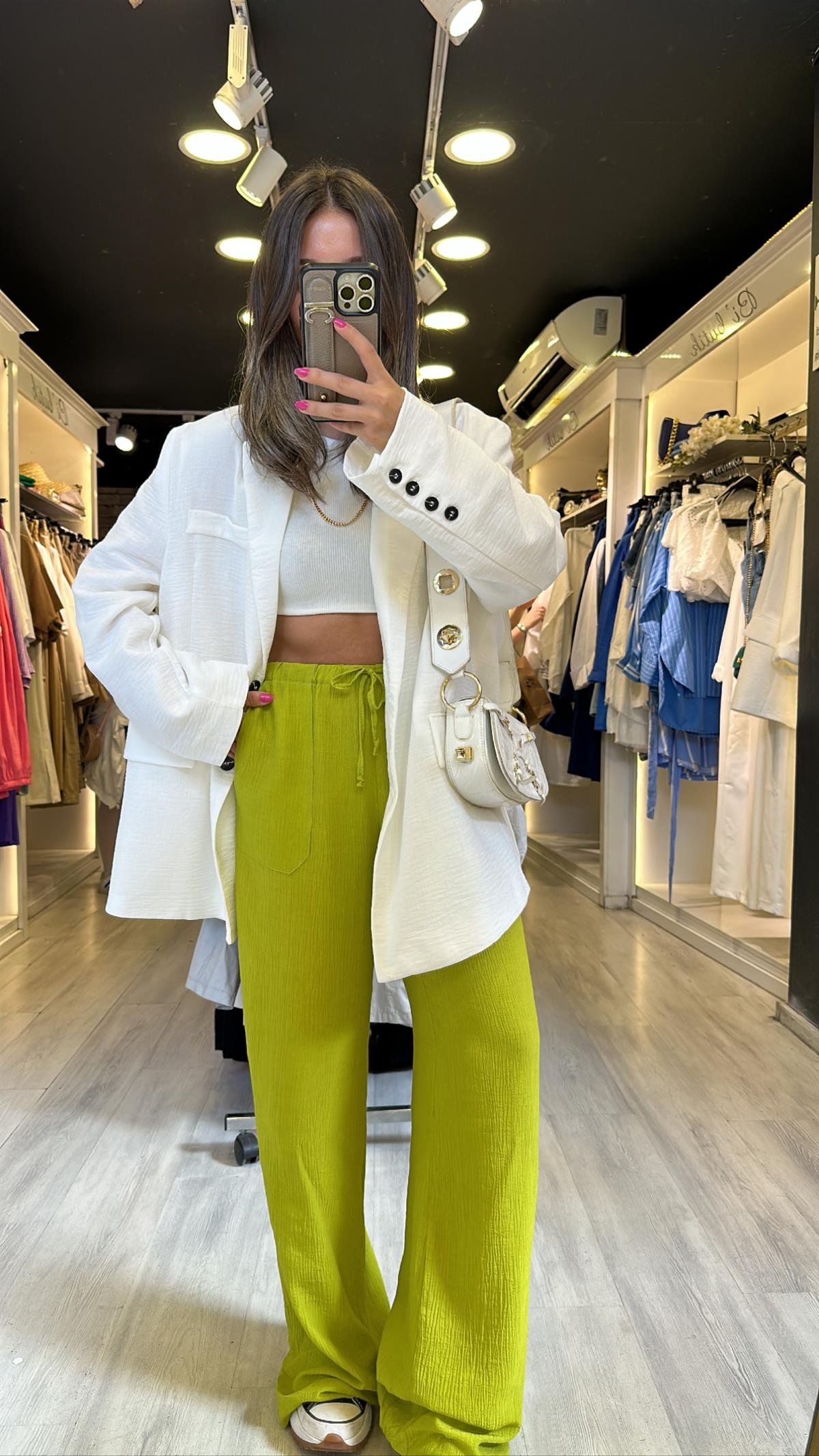 Fıstık Yeşili Beli Lastikli Bol Paça Krinkıl Pantolon