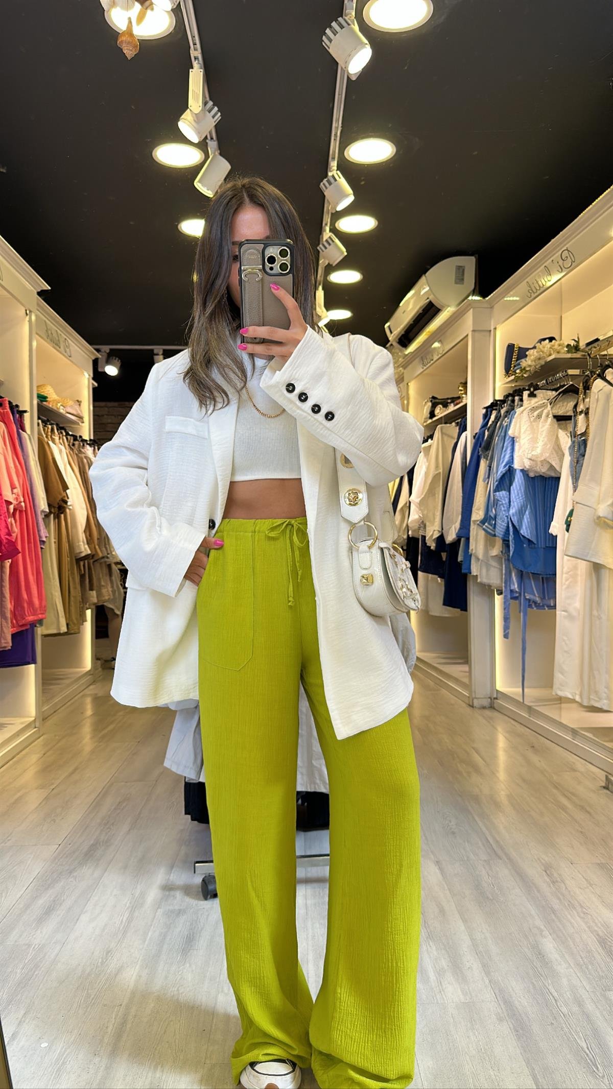 Fıstık Yeşili Beli Lastikli Bol Paça Krinkıl Pantolon