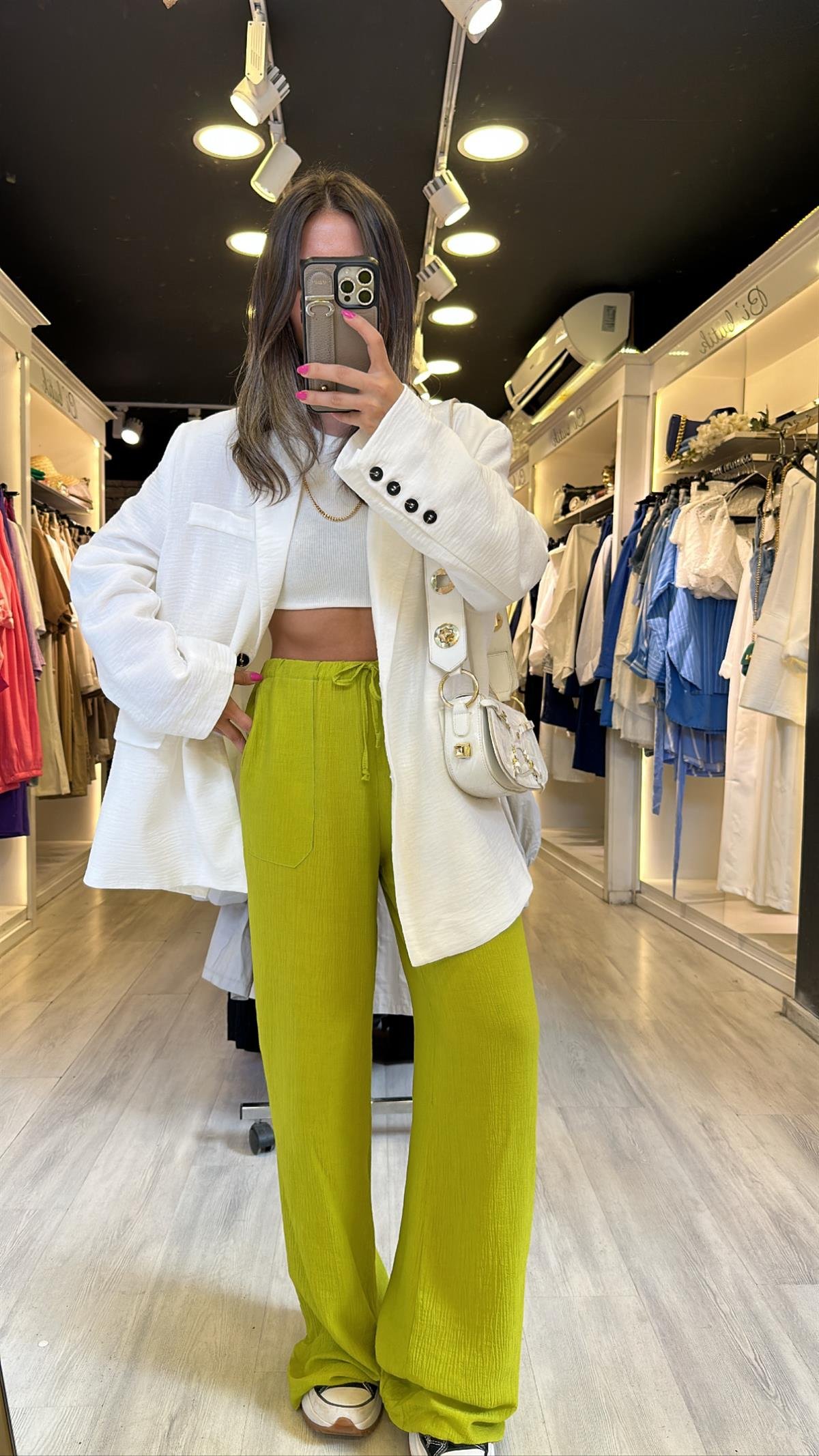Fıstık Yeşili Beli Lastikli Bol Paça Krinkıl Pantolon