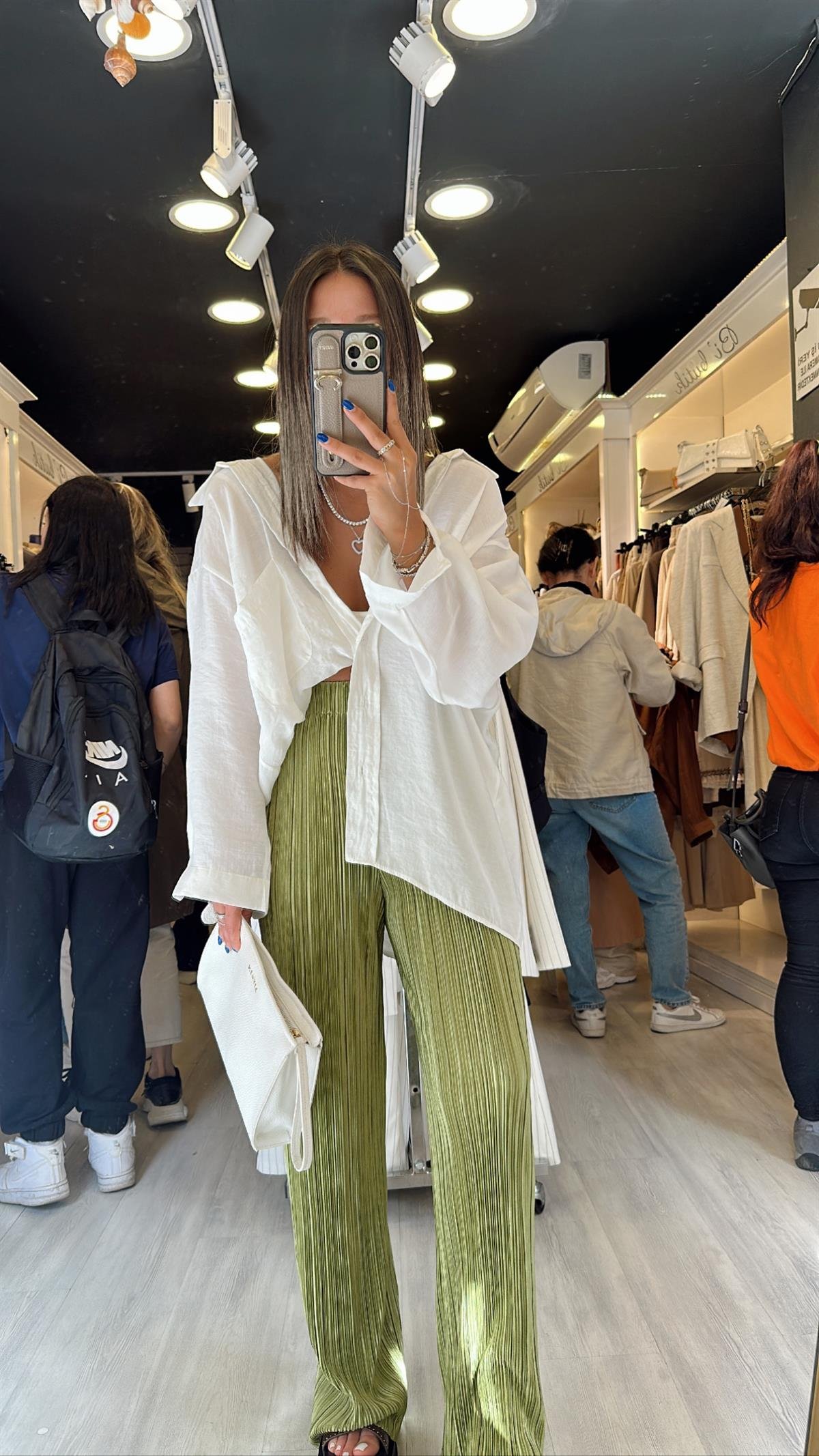 Fıstık Yeşili Beli Lastikli Krinkıl Kumaş Pantolon 