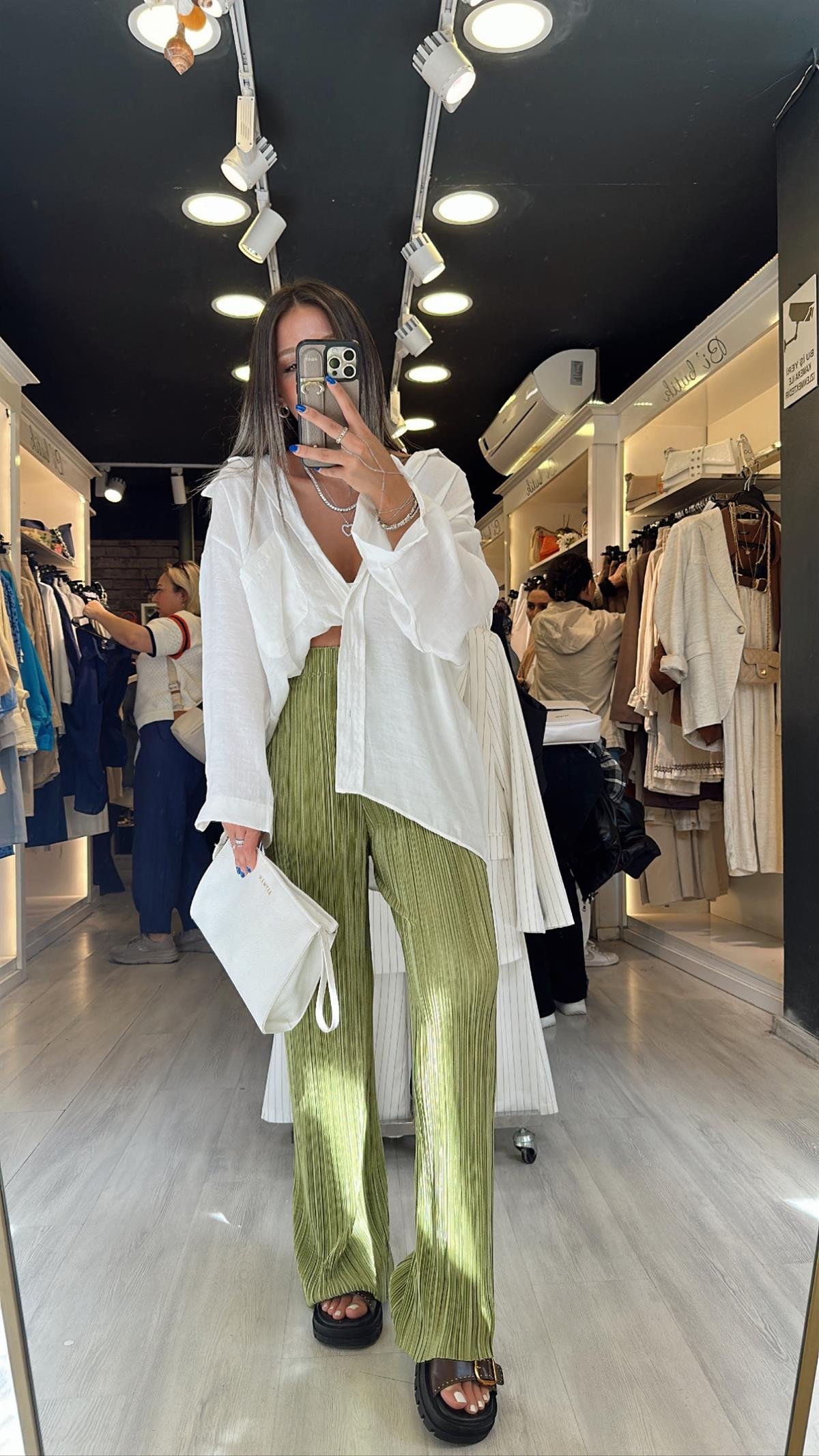 Fıstık Yeşili Beli Lastikli Krinkıl Kumaş Pantolon 