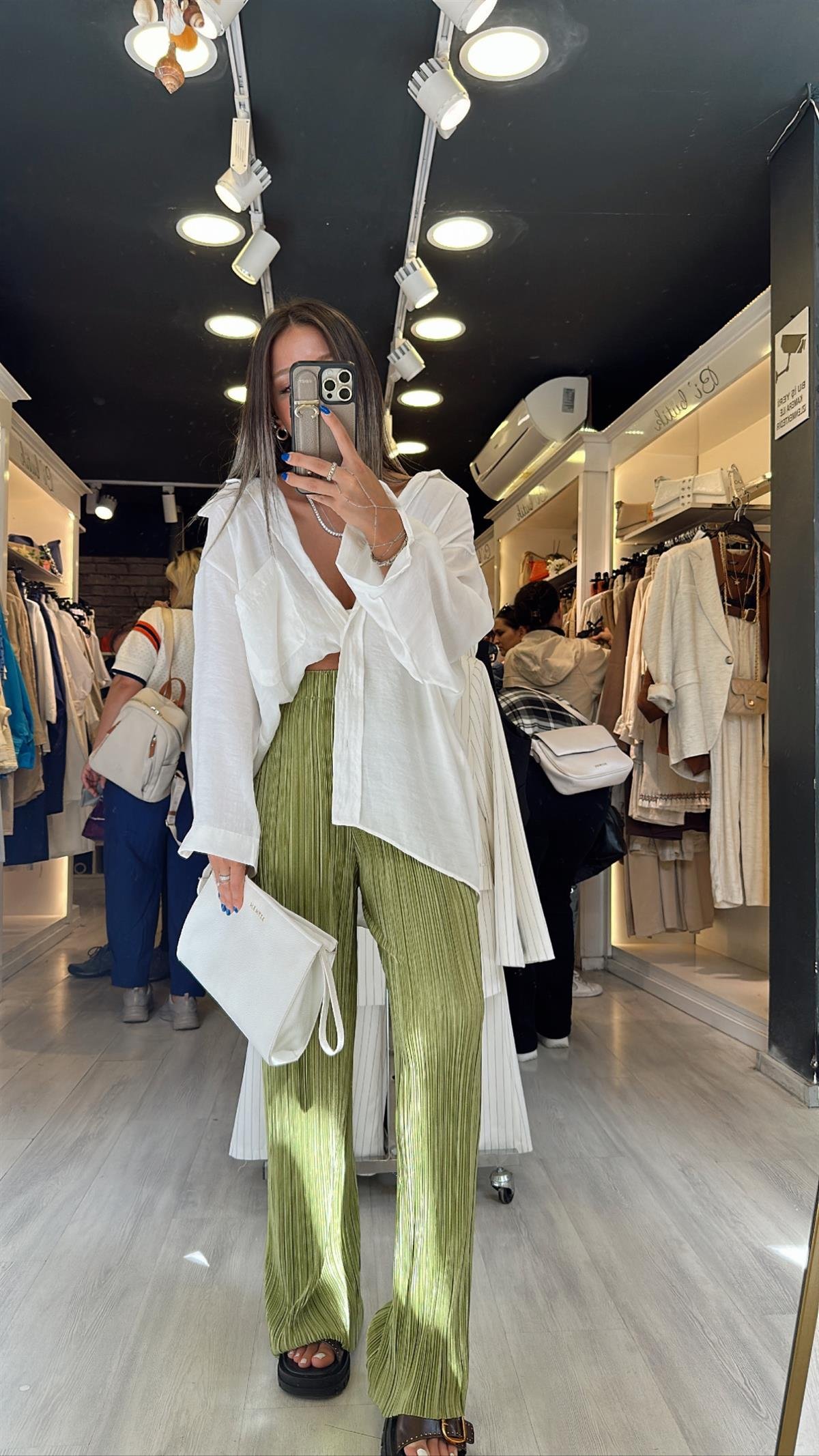 Fıstık Yeşili Beli Lastikli Krinkıl Kumaş Pantolon 