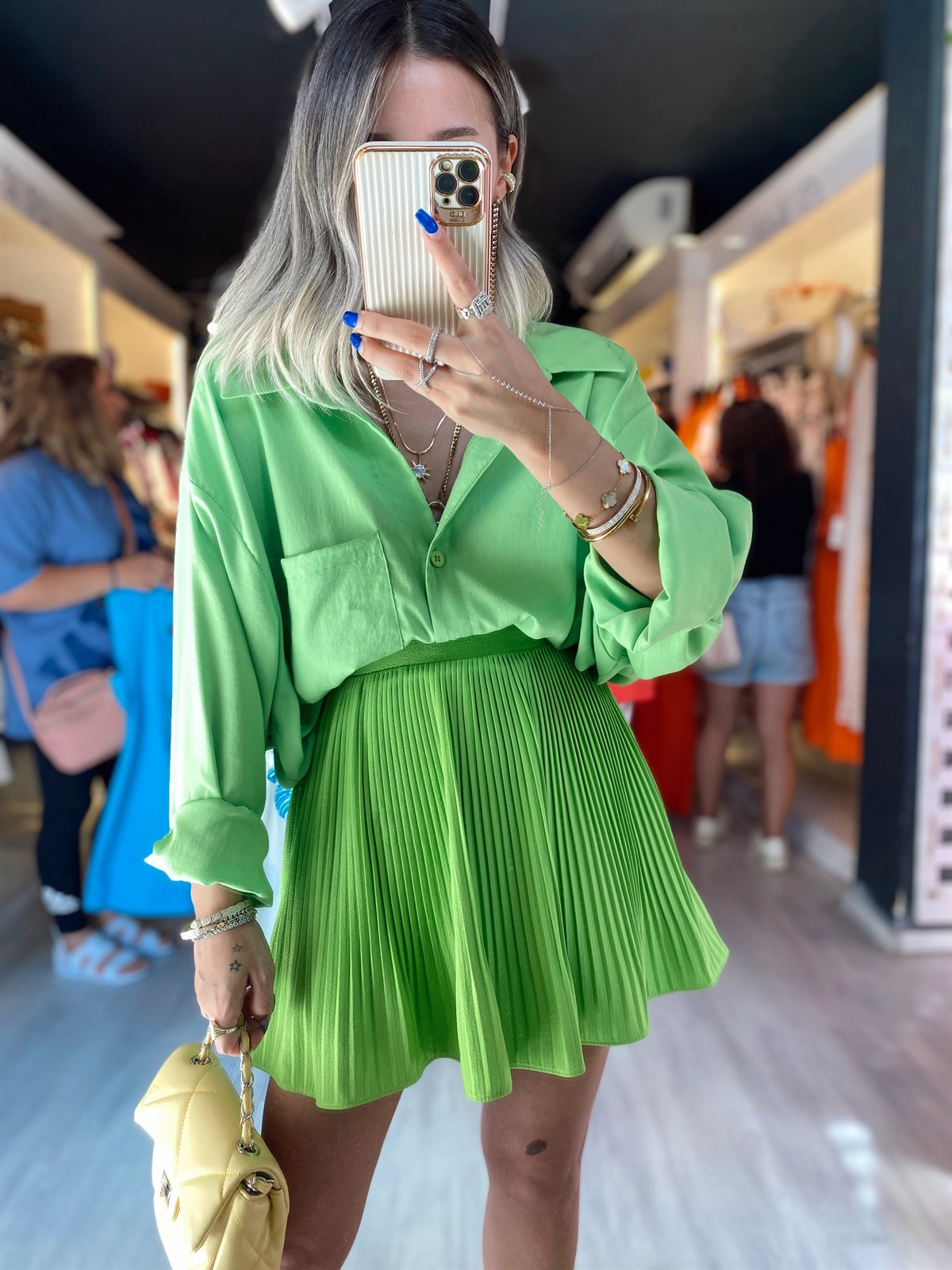 Fıstık Yeşili Pileli Şortlu Etek 