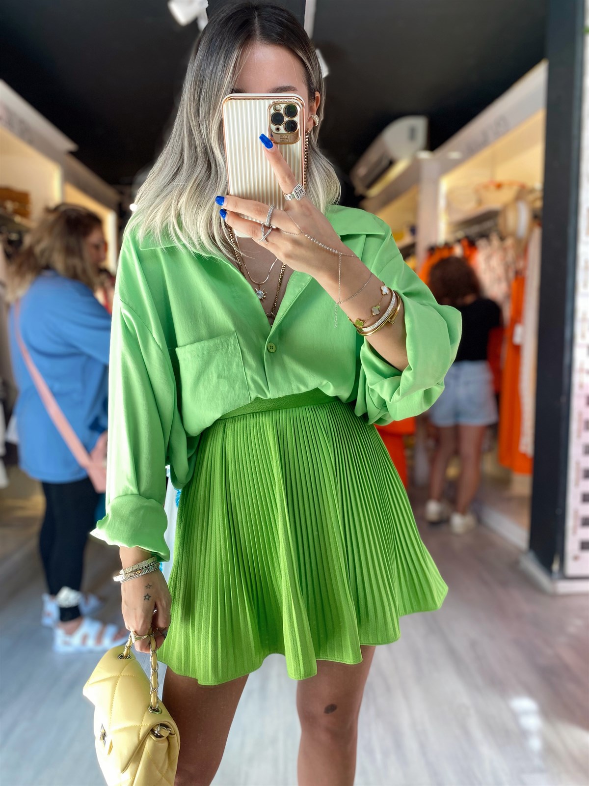 Fıstık Yeşili Pileli Şortlu Etek 