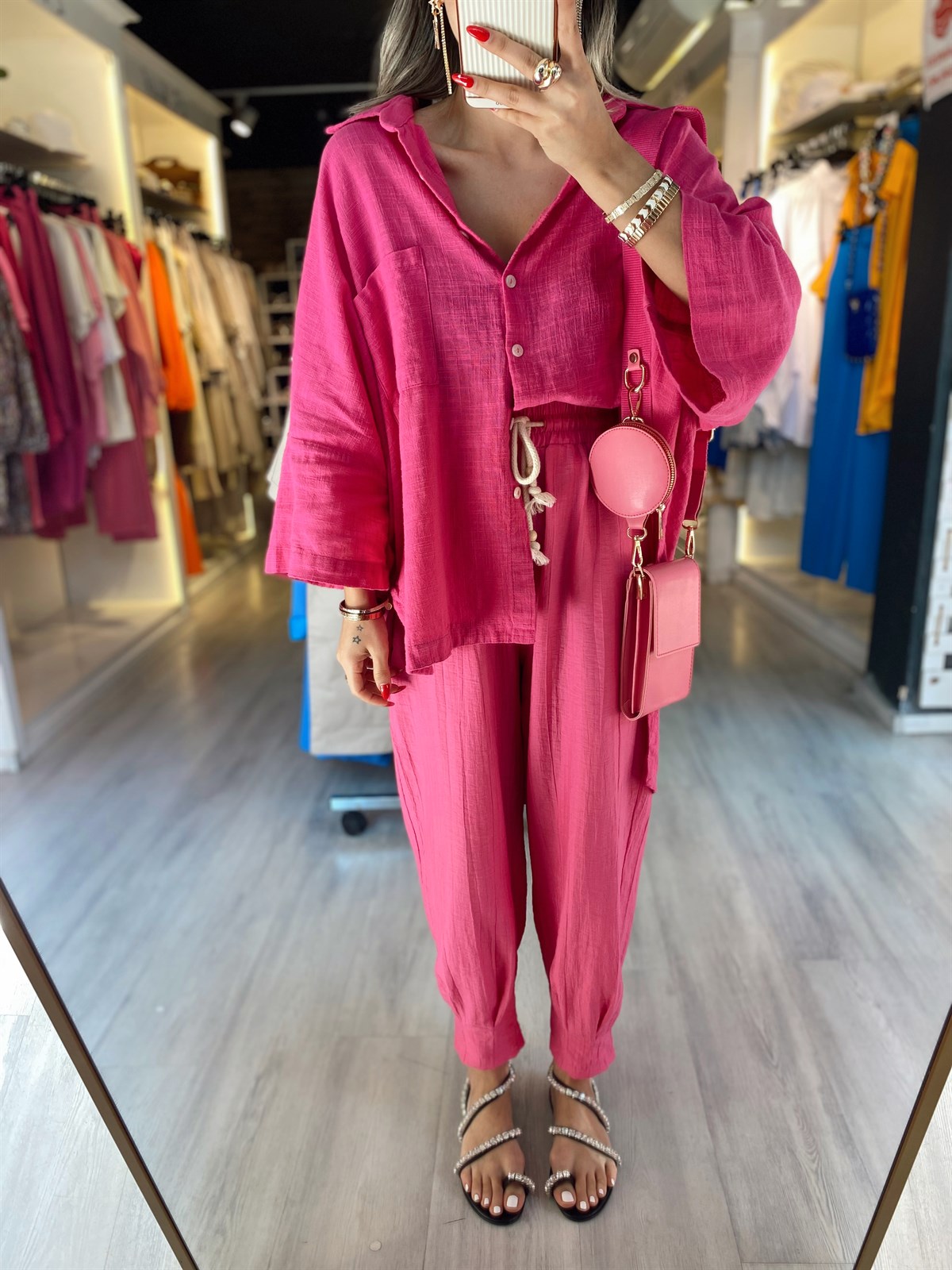 Fuşya Paça Pileli Beli Bağcıklı Pantolon