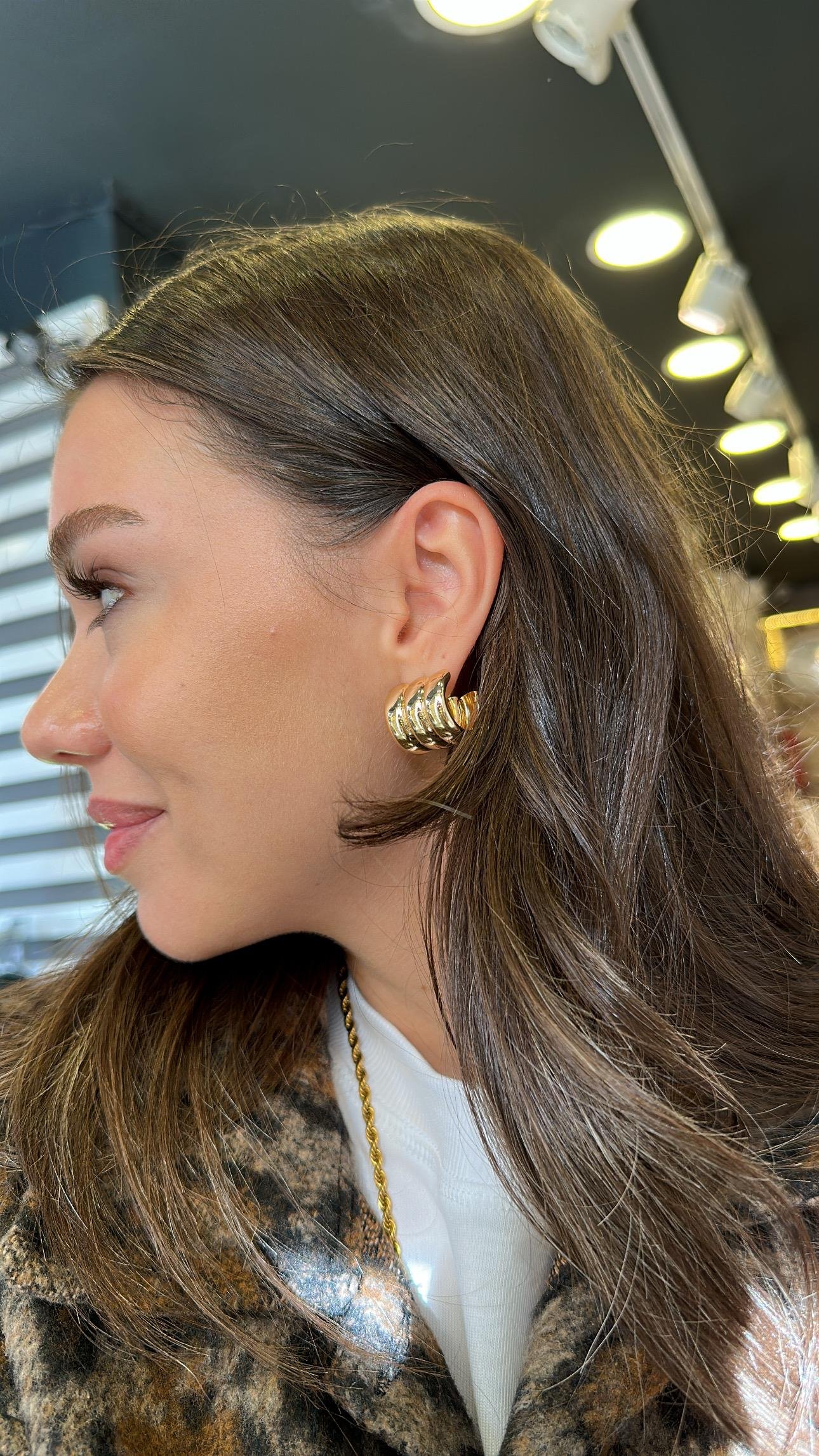 Gold 3lü Birleşik C Şekli Küpe 