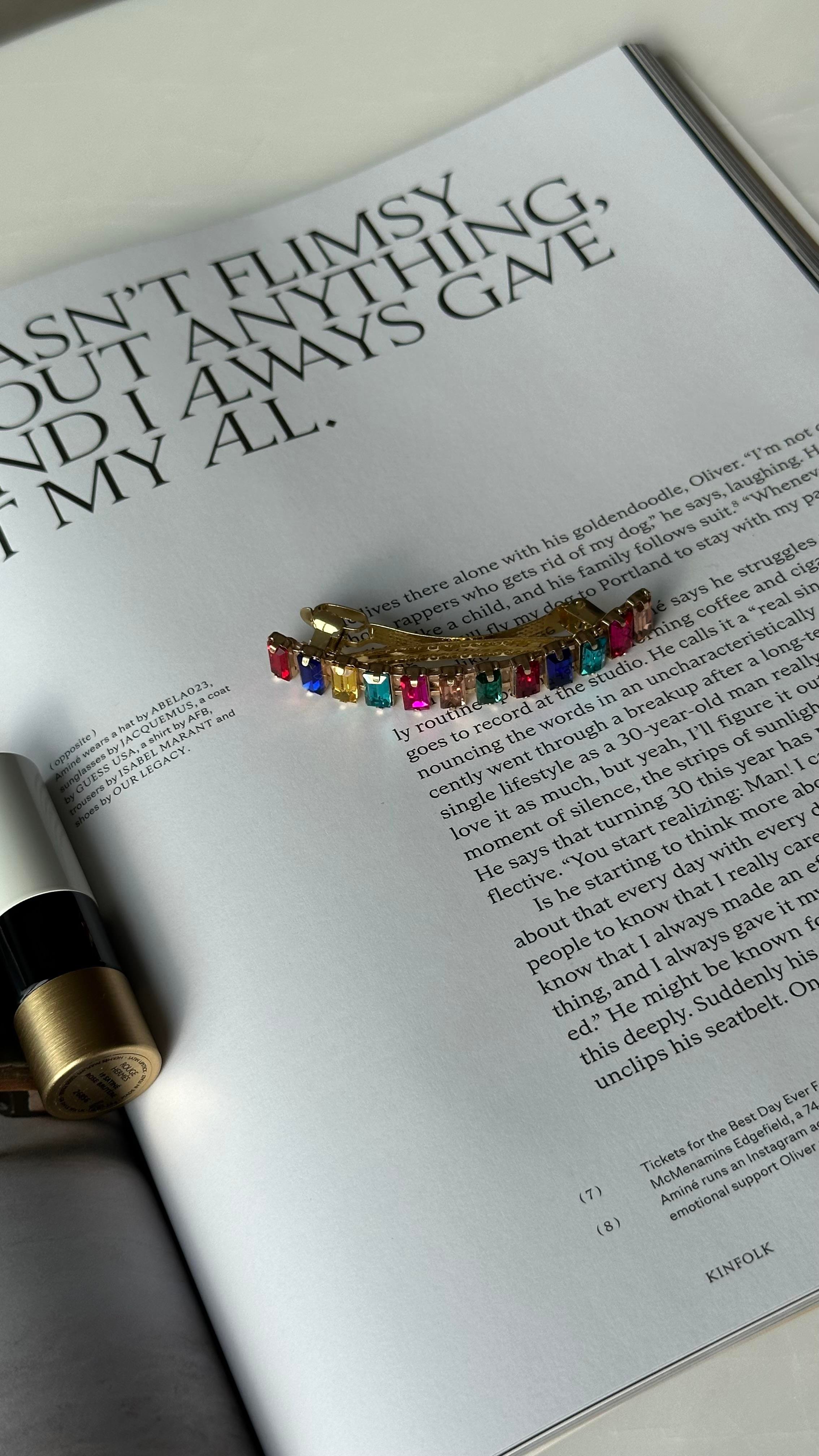 Gold Fuşya Renk Dikdörtgen Taşlı Klipsli Toka