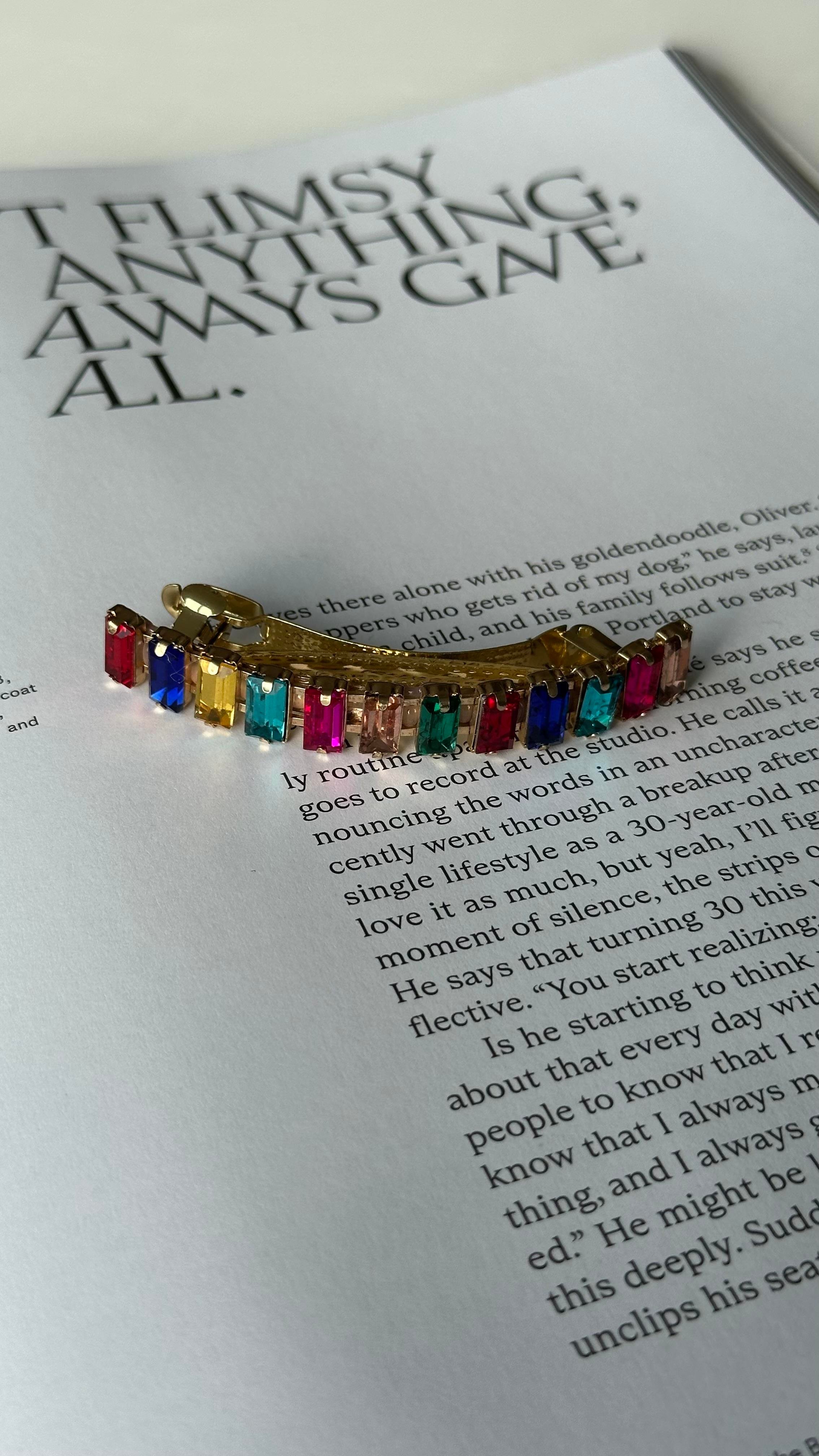 Gold Fuşya Renk Dikdörtgen Taşlı Klipsli Toka