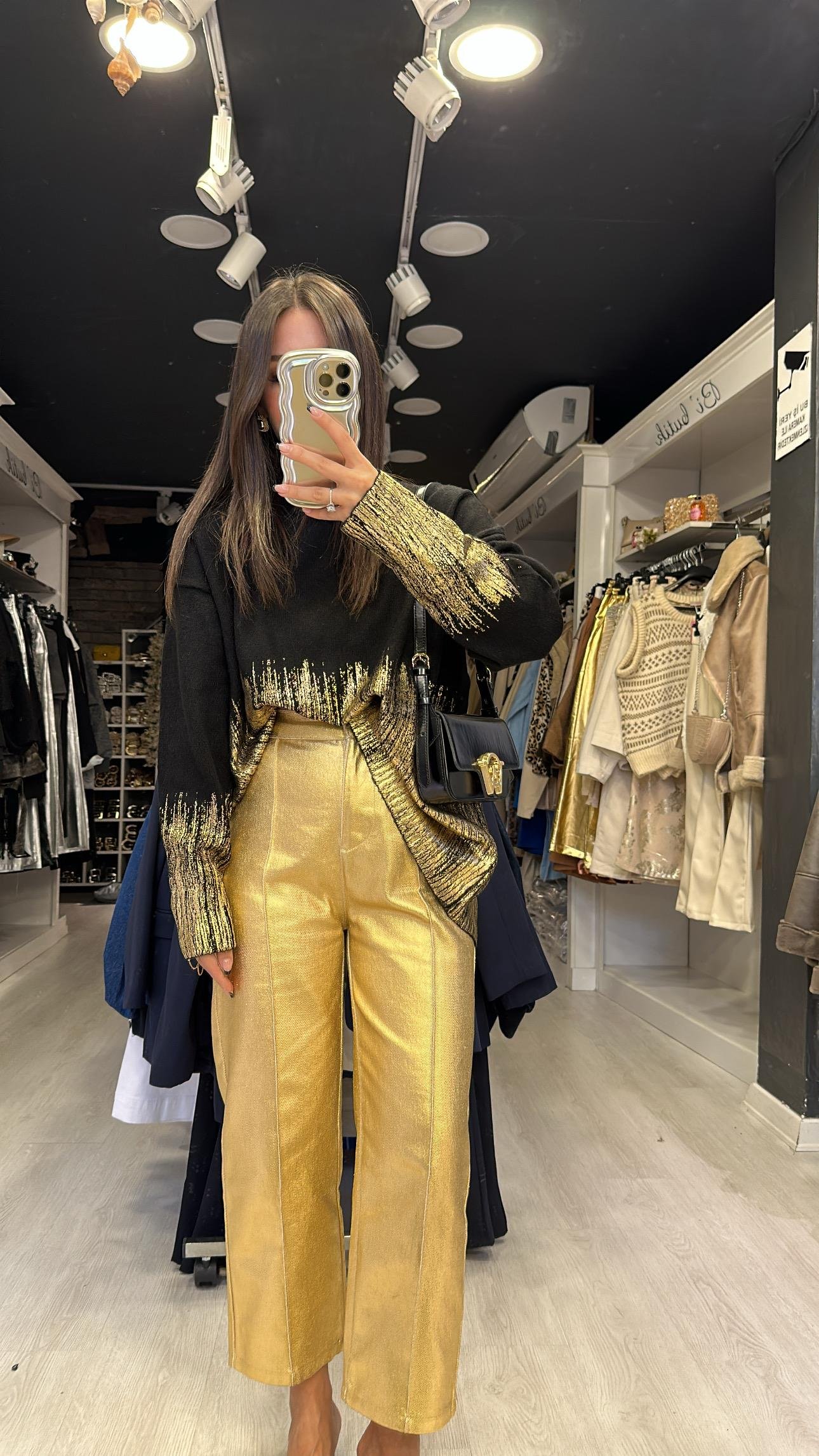 Gold Metalik Önden Dikişli Jean Pantolon