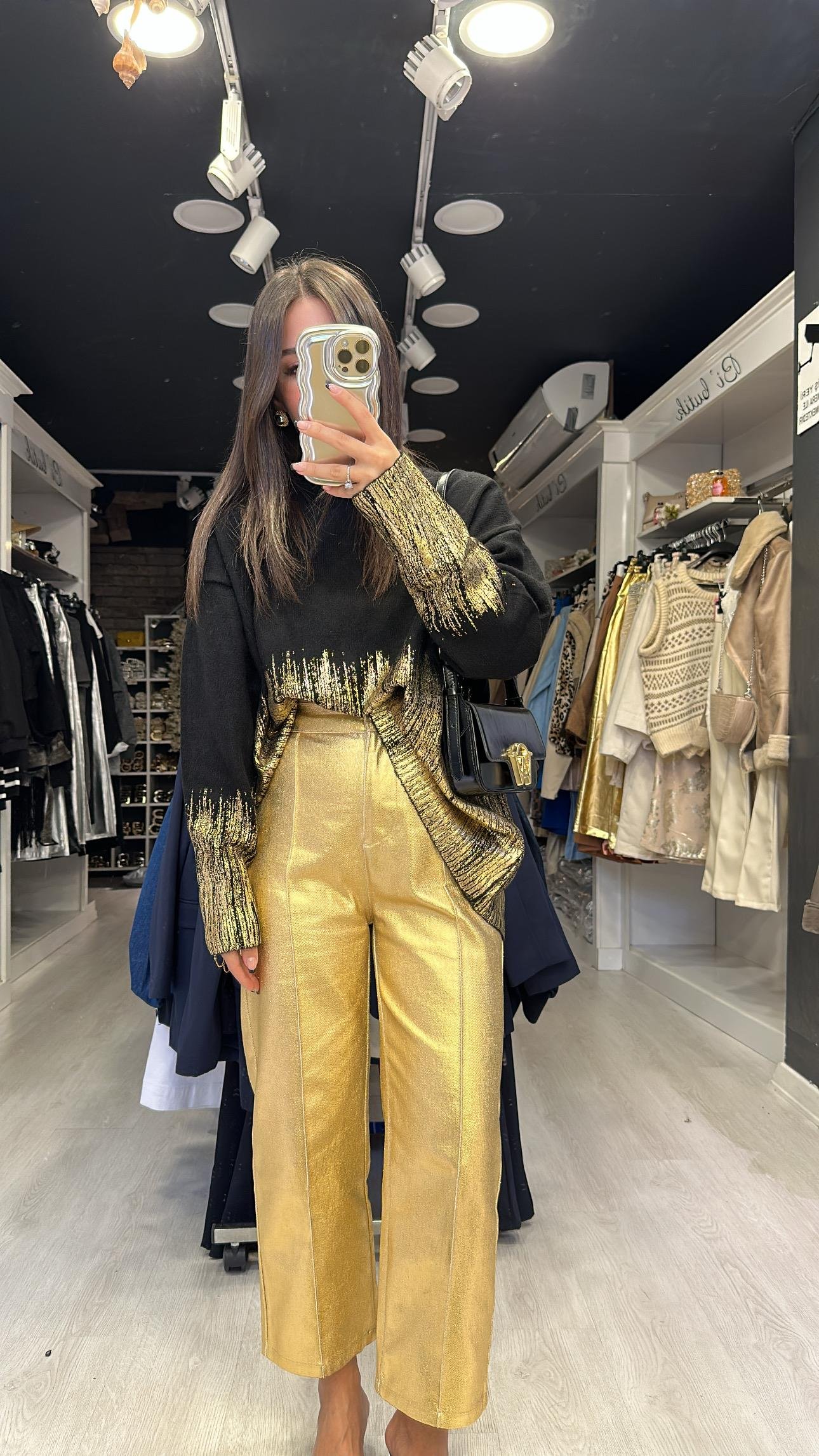 Gold Metalik Önden Dikişli Jean Pantolon