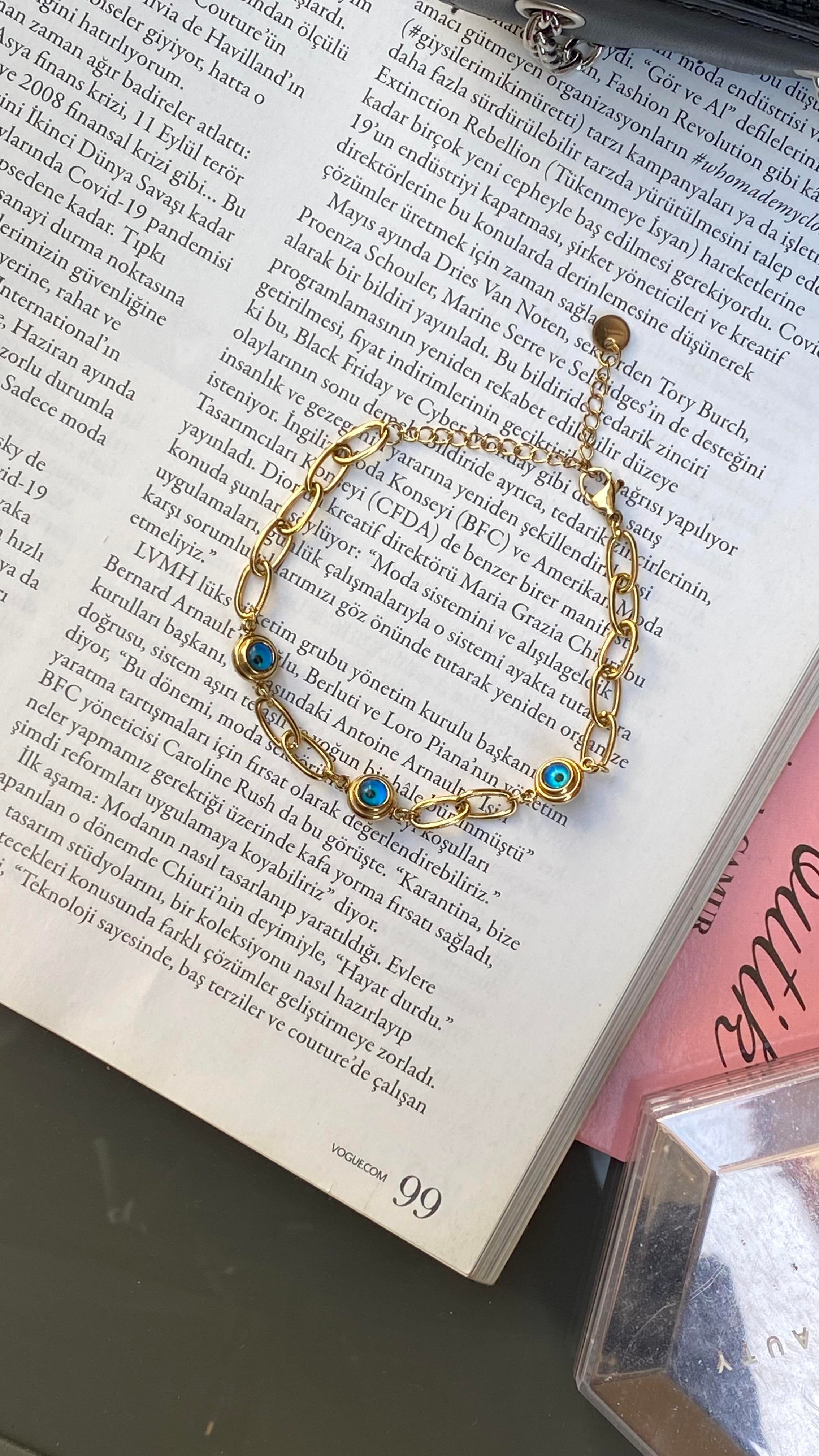 Gold Nazar Boncuklu Çelik Bileklik