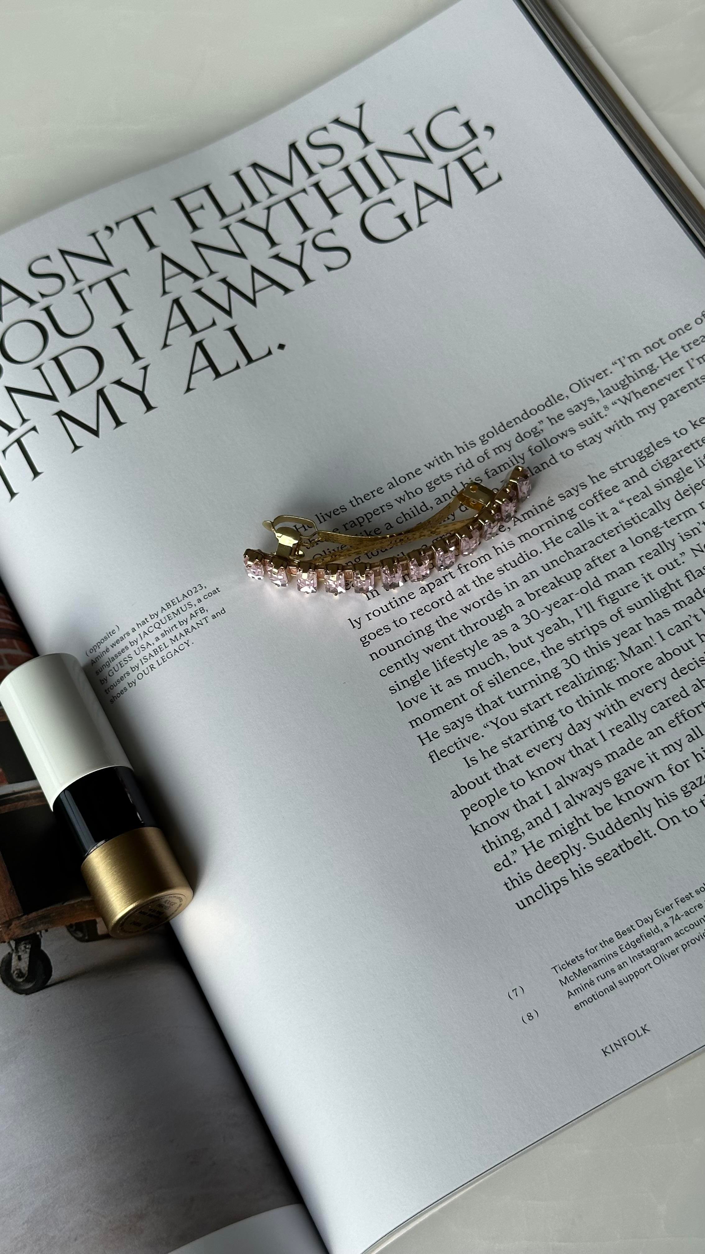 Gold Pembe Renk Dikdörtgen Taşlı Klipsli Toka