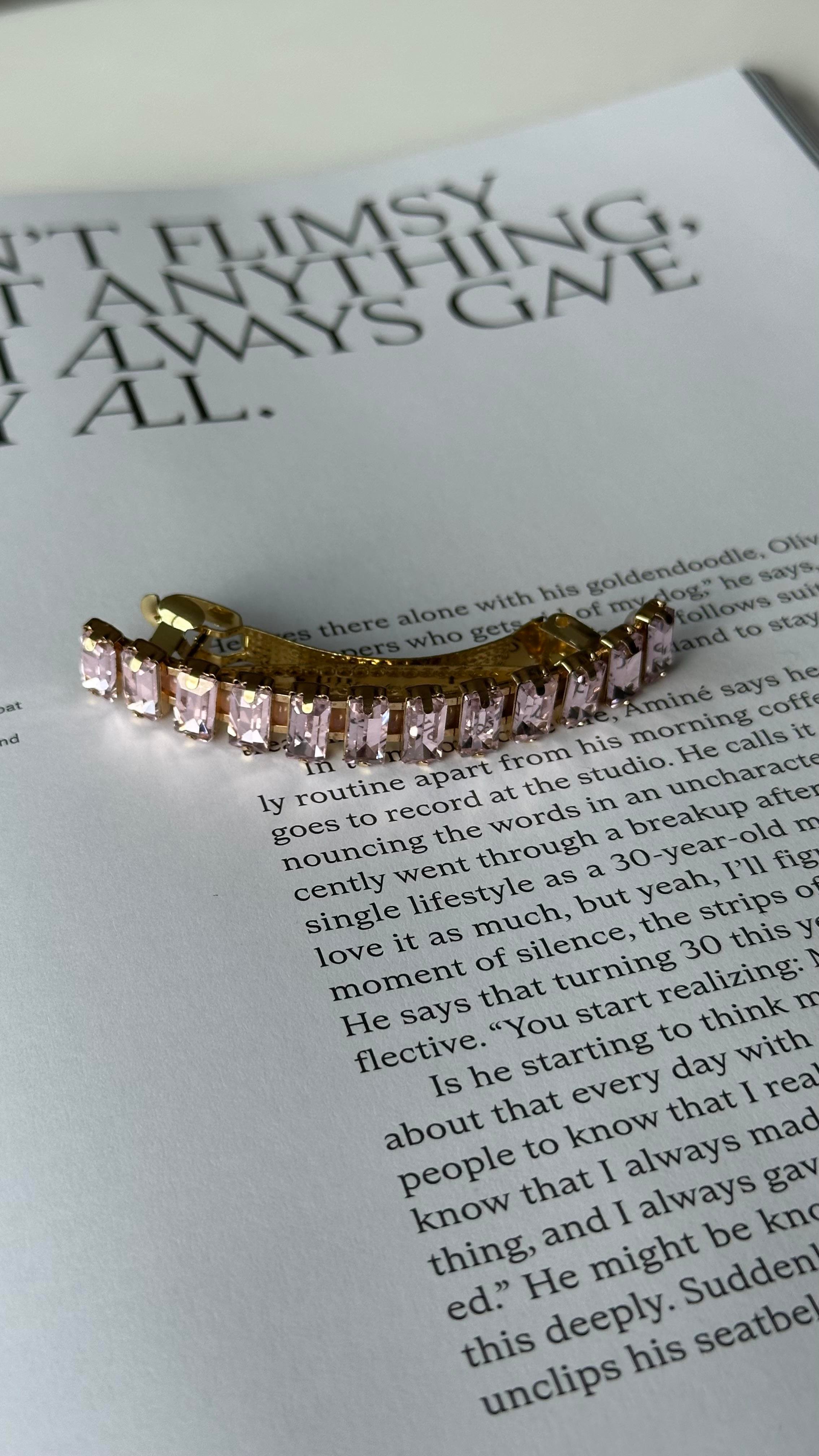 Gold Pembe Renk Dikdörtgen Taşlı Klipsli Toka