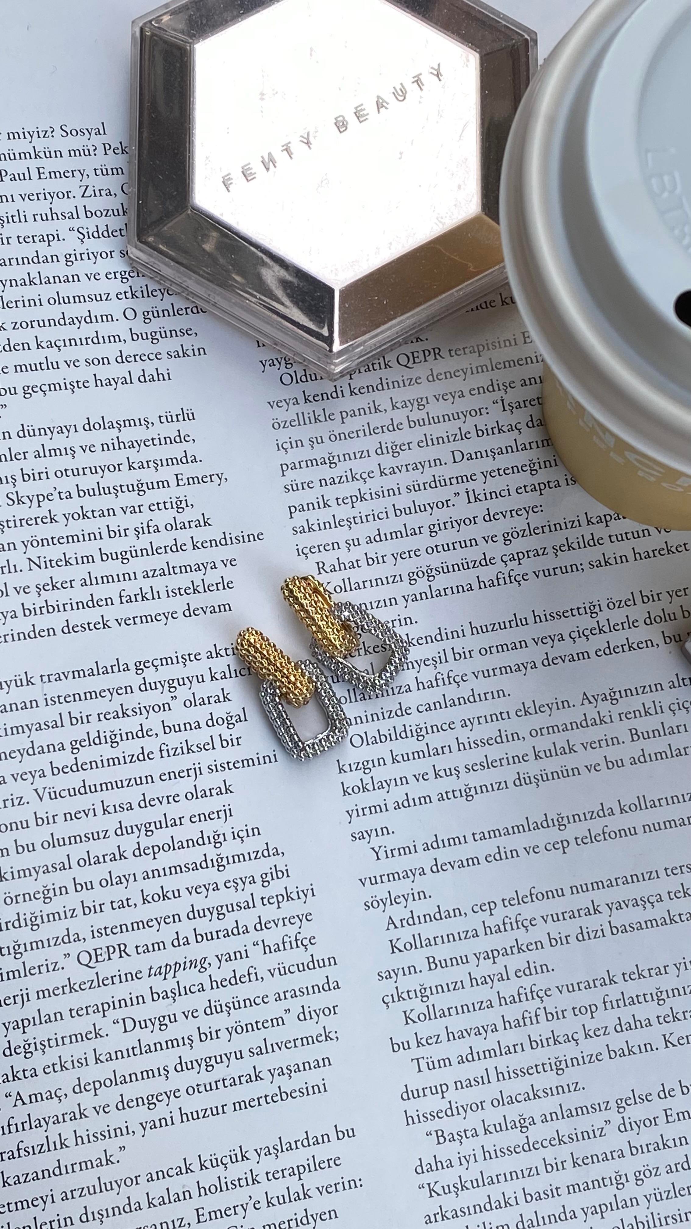 Gold Silver Dikdörtgen 2li Küpe