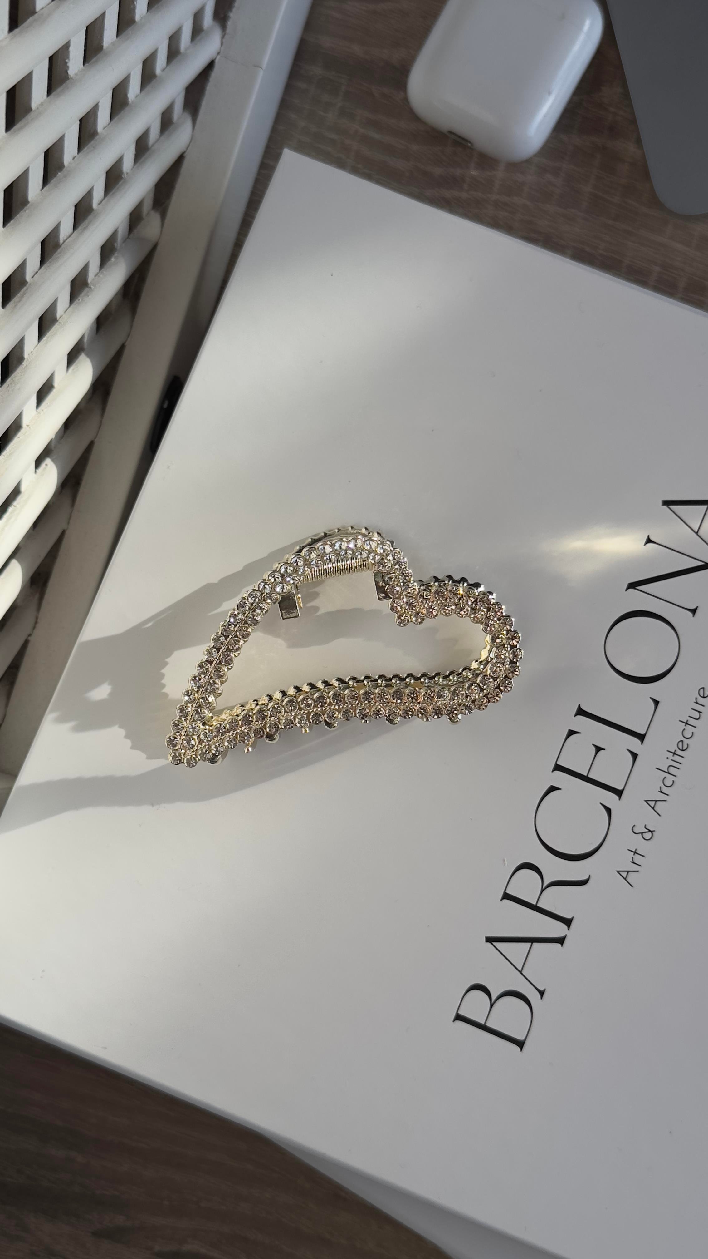 Gold Silver Taşlı Kalp Mandal Toka 