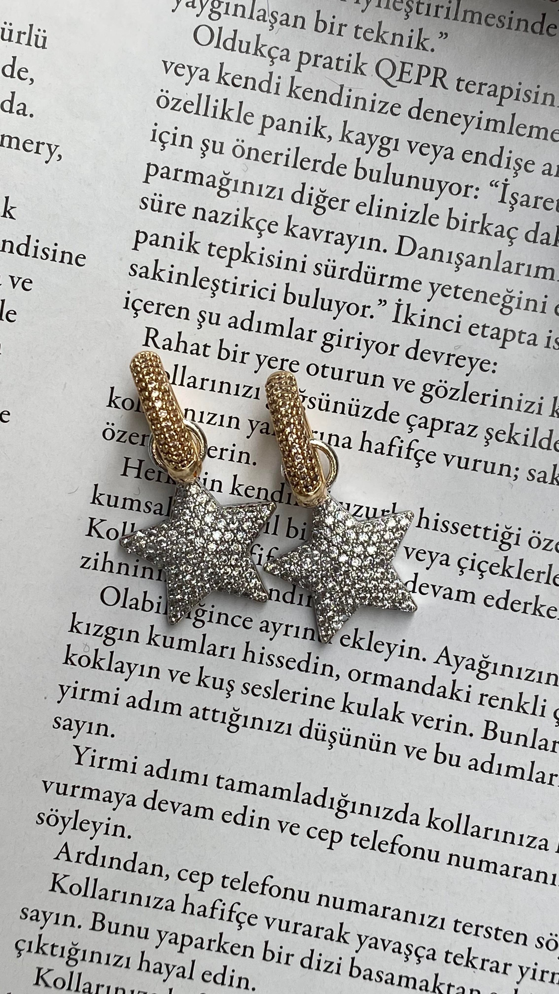 Gold Silver Yıldız Zirkon Taşlı Küpe