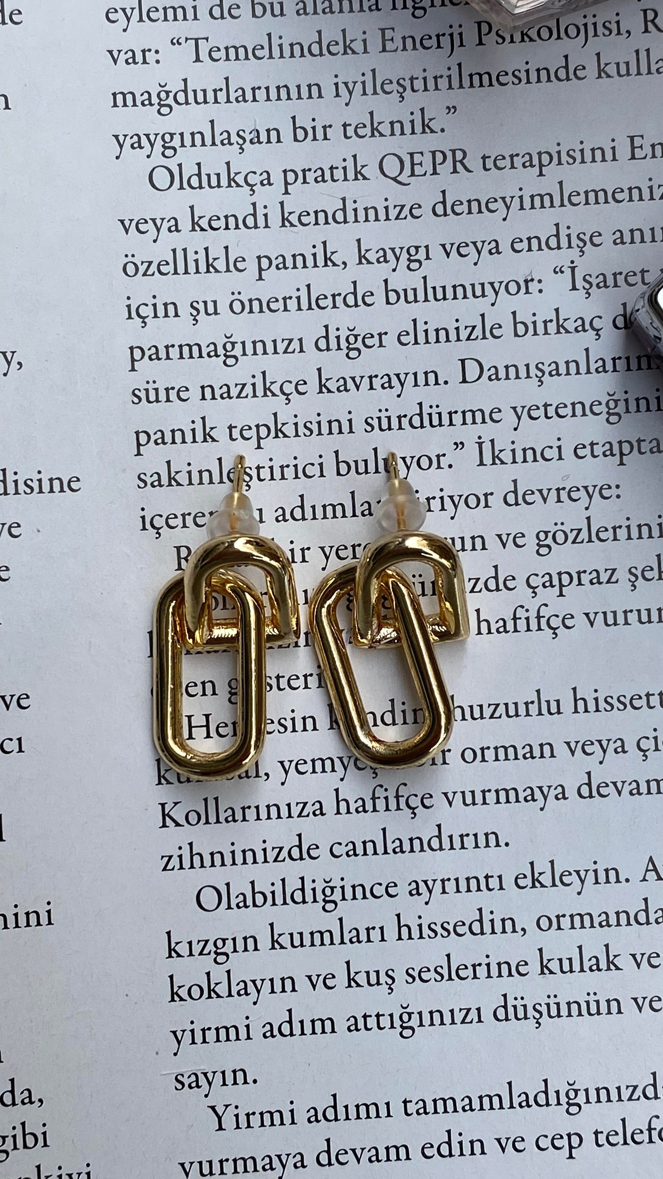 Gold Yarım Oval Geçmeli Küpe
