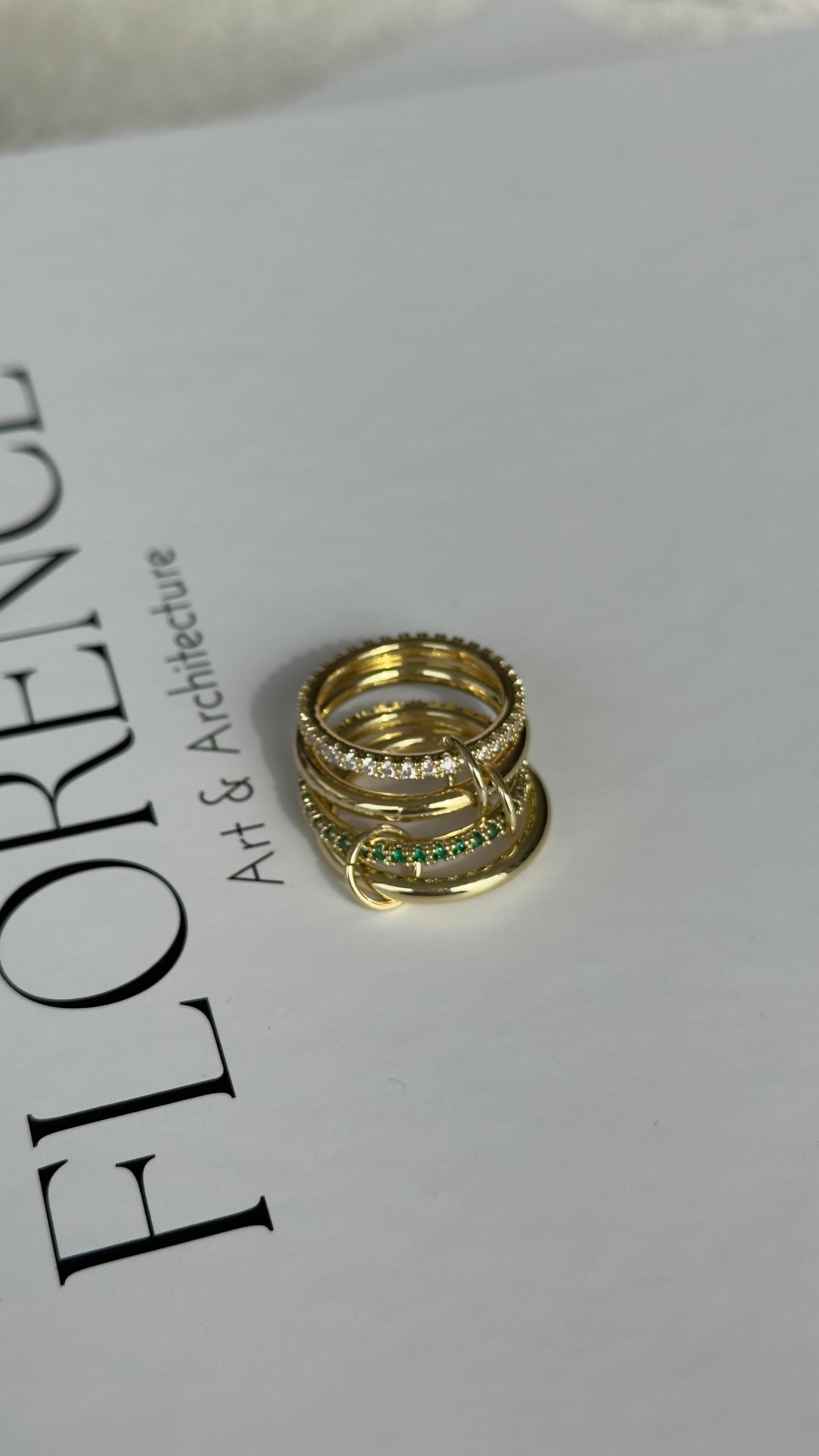 Gold Yeşil Taşlı Dörtlü Çelik Yüzük