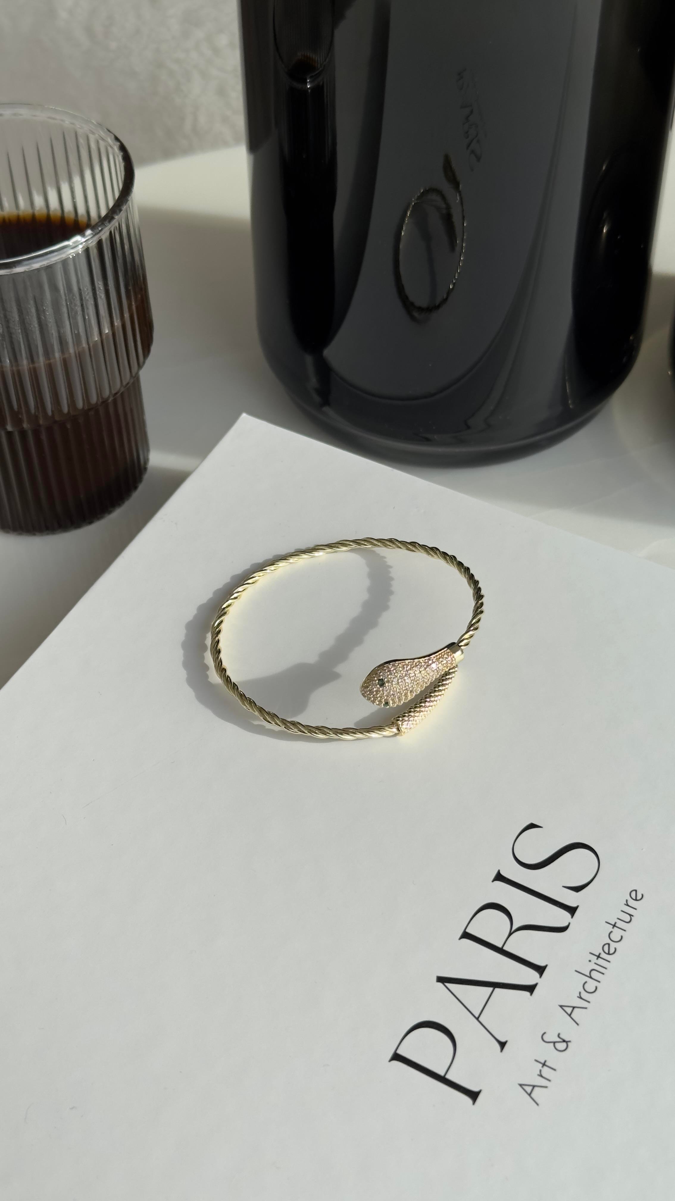 Gold Zirkon Taşlı Yılan Model Kelepçe Bileklik