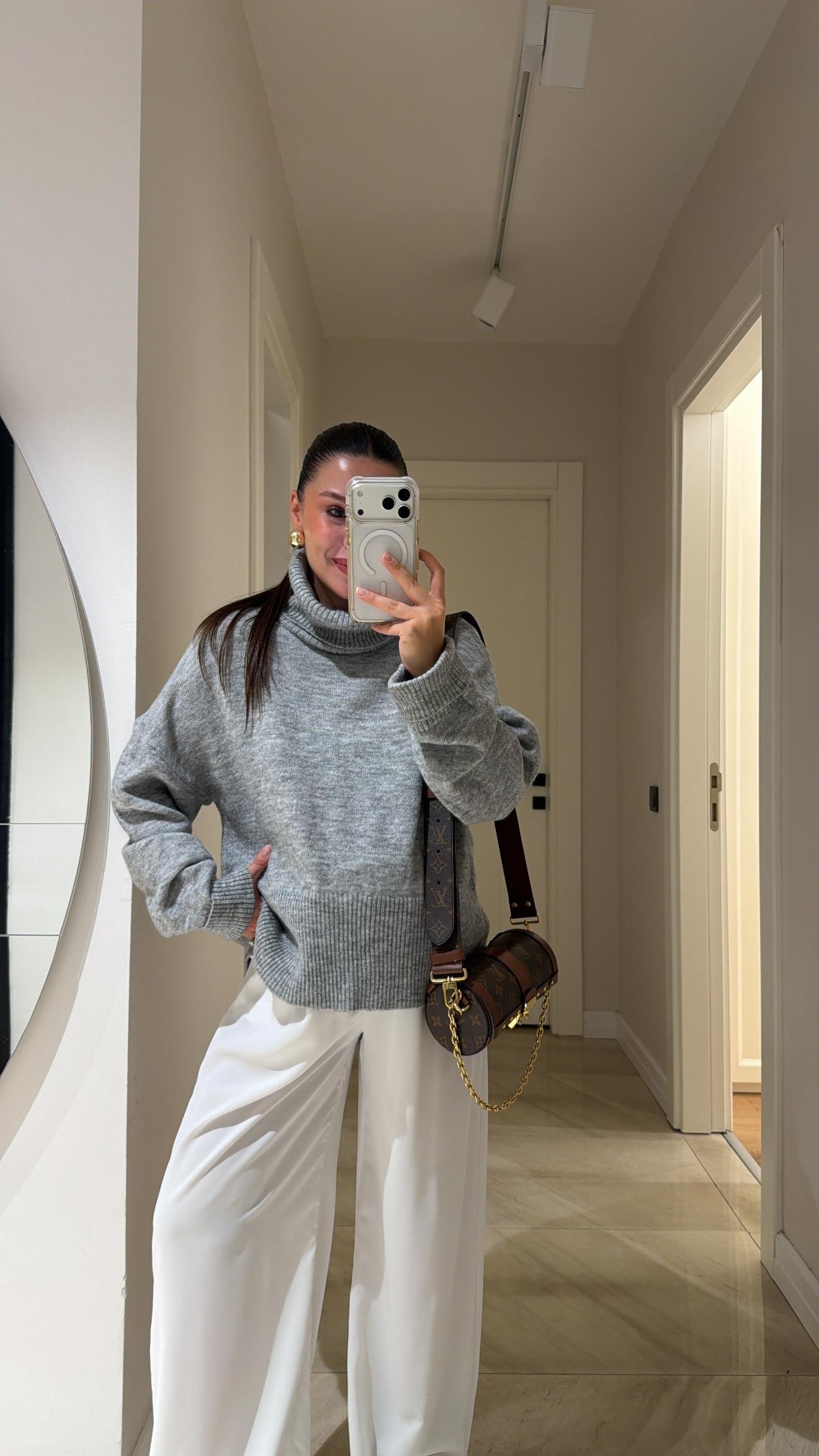 Gri Balıkçı Yaka Kol Katlamalı Triko Kazak