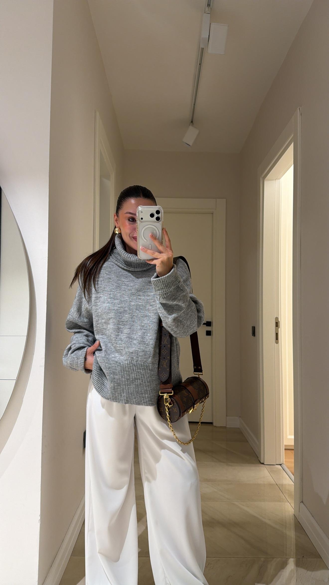 Gri Balıkçı Yaka Kol Katlamalı Triko Kazak