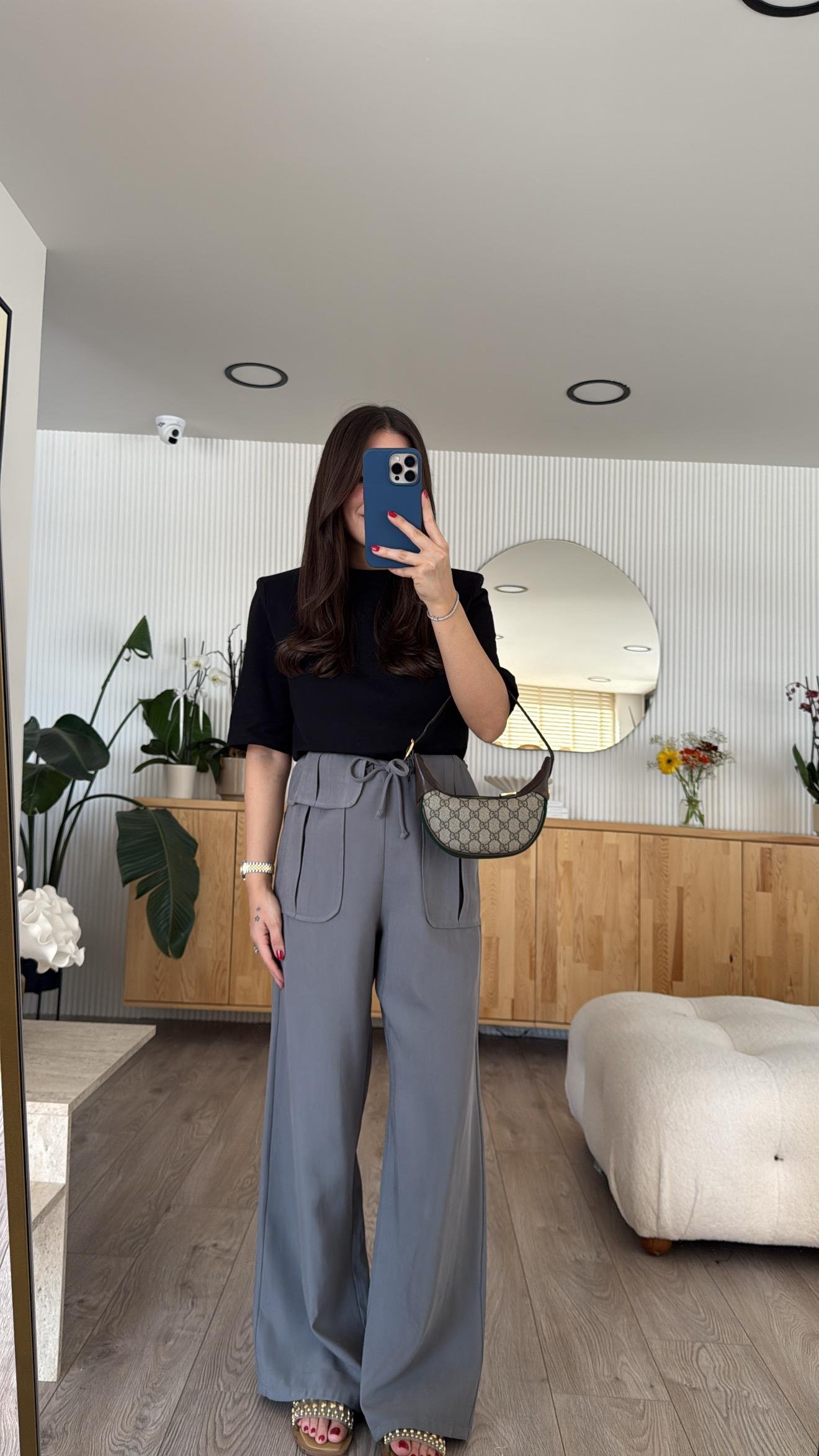 Gri Bel Detaylı Bağlamalı Bol Paça Ravi Pantolon