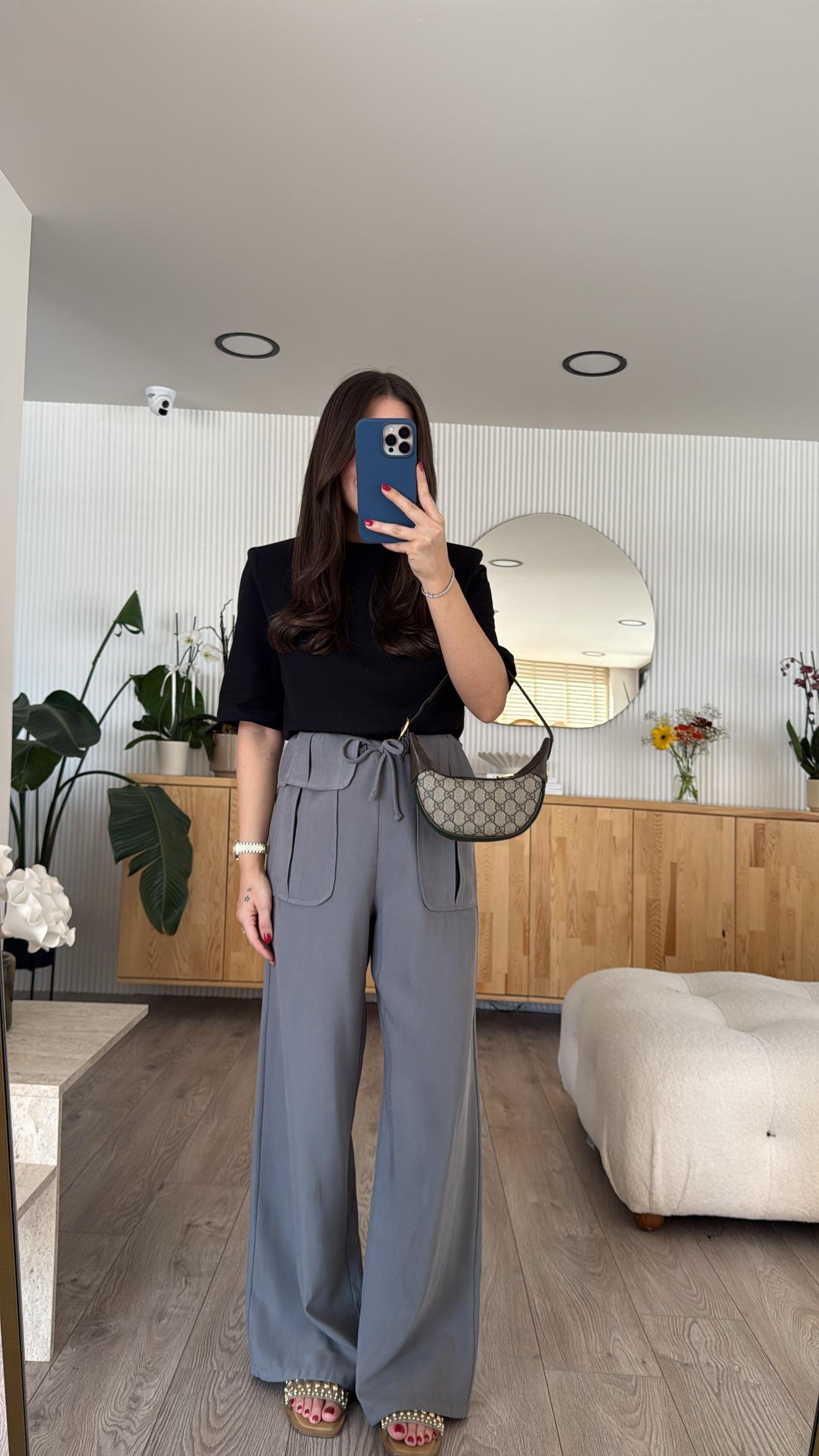 Gri Bel Detaylı Bağlamalı Bol Paça Ravi Pantolon