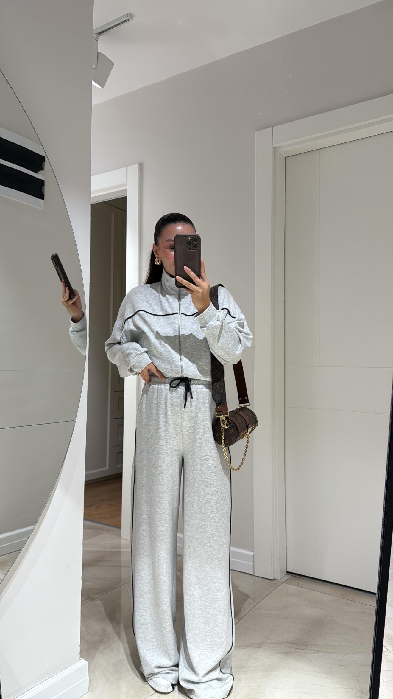 Gri Biyeli Fermuarlı Pantolon Takım 