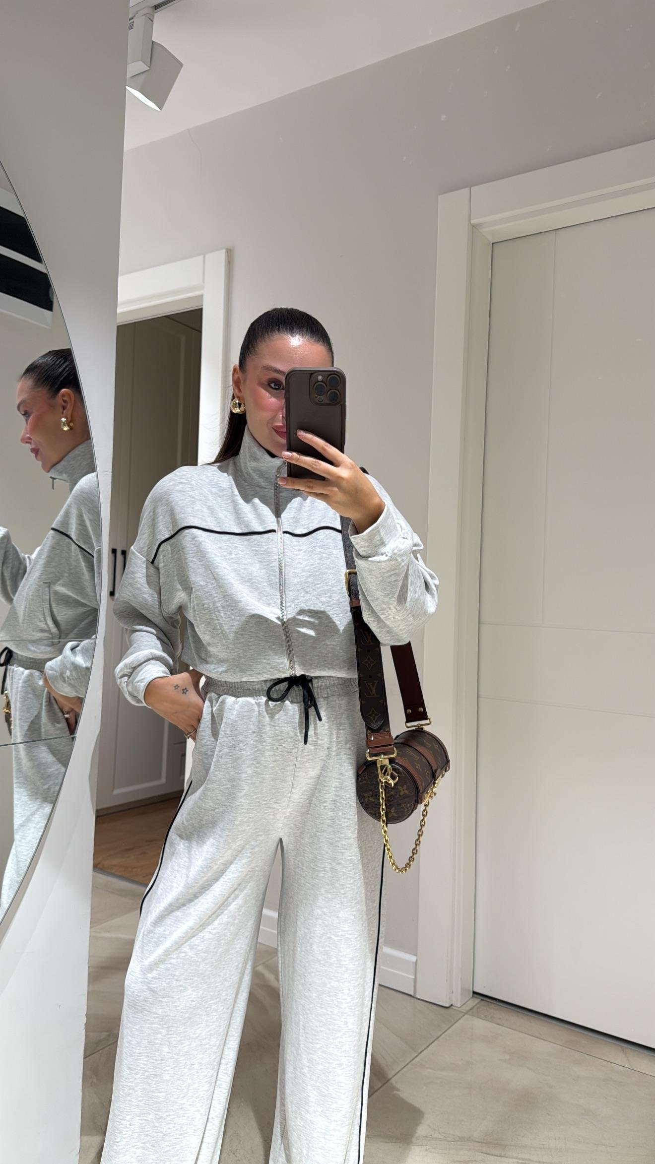 Gri Biyeli Fermuarlı Pantolon Takım 