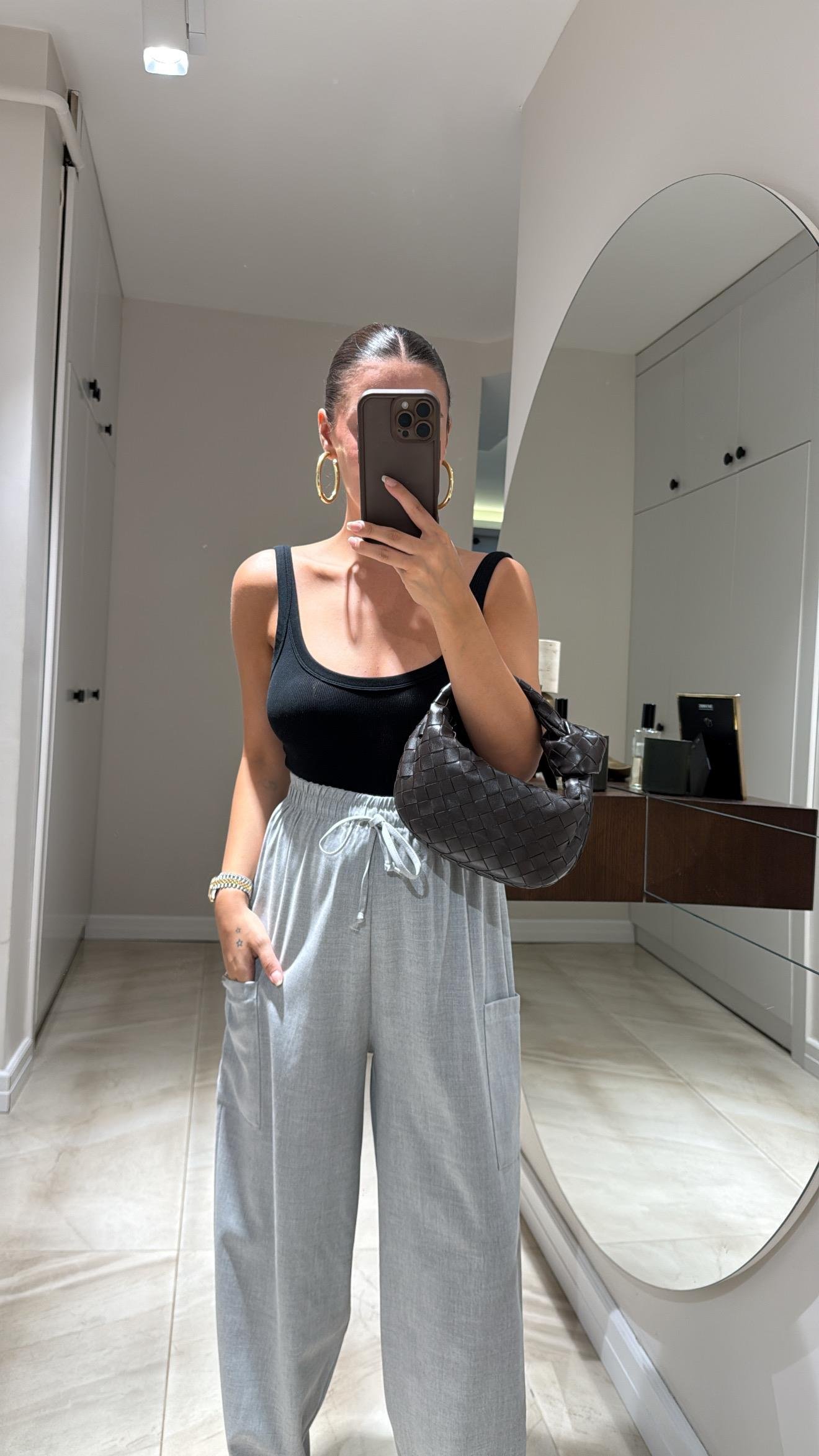 Gri Cep Detaylı Şalvar Pantolon