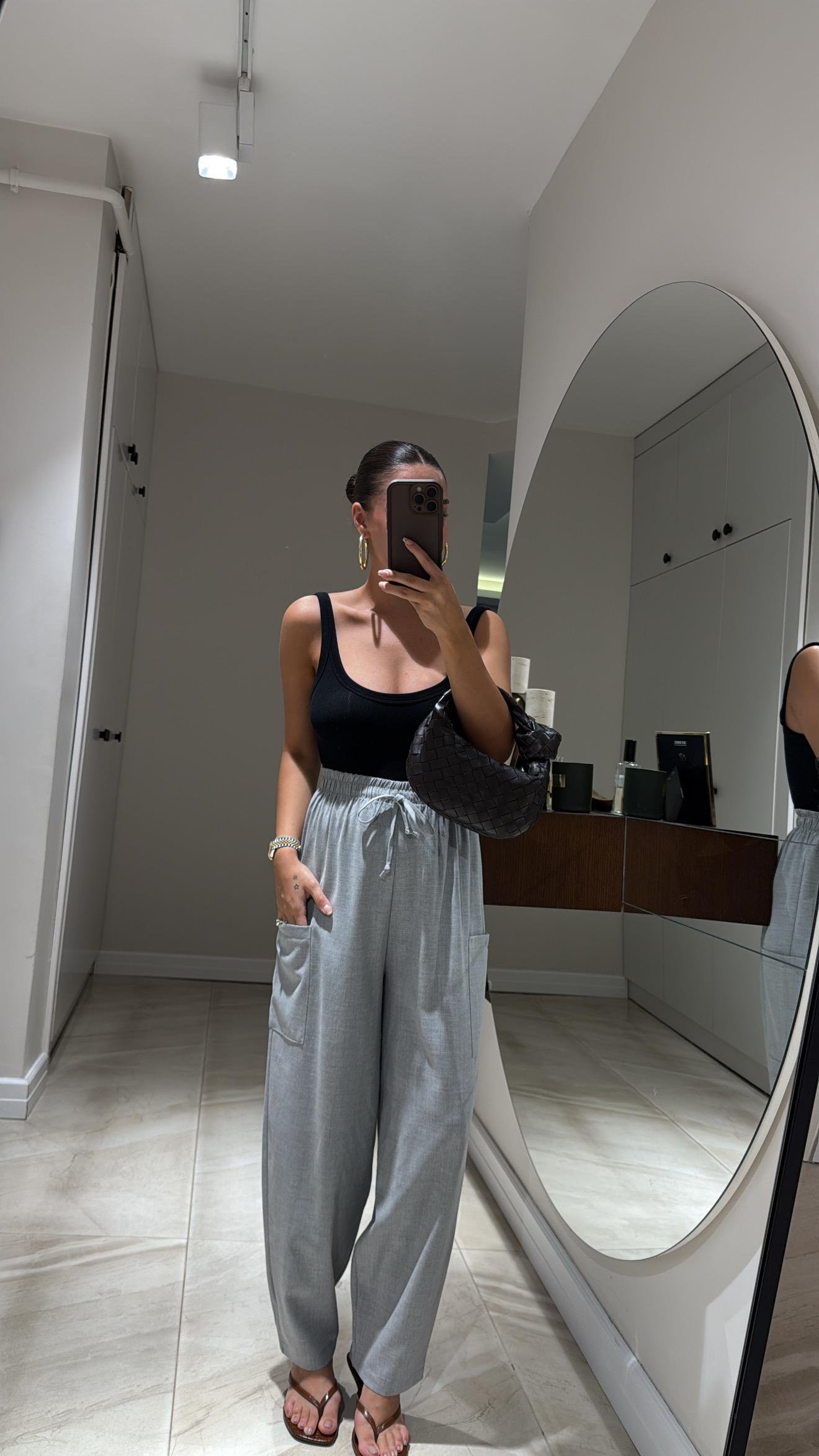 Gri Cep Detaylı Şalvar Pantolon