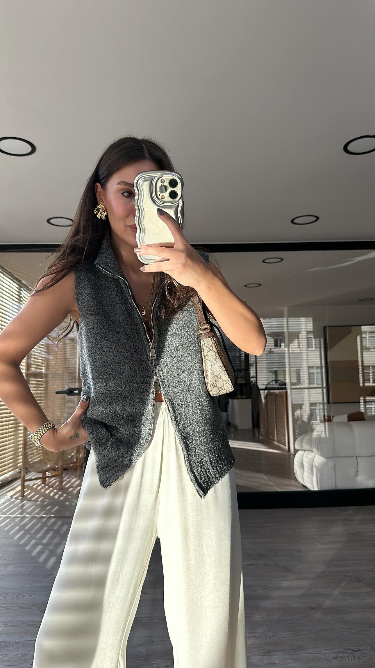 Gri Çift Fermuarlı Triko Yelek